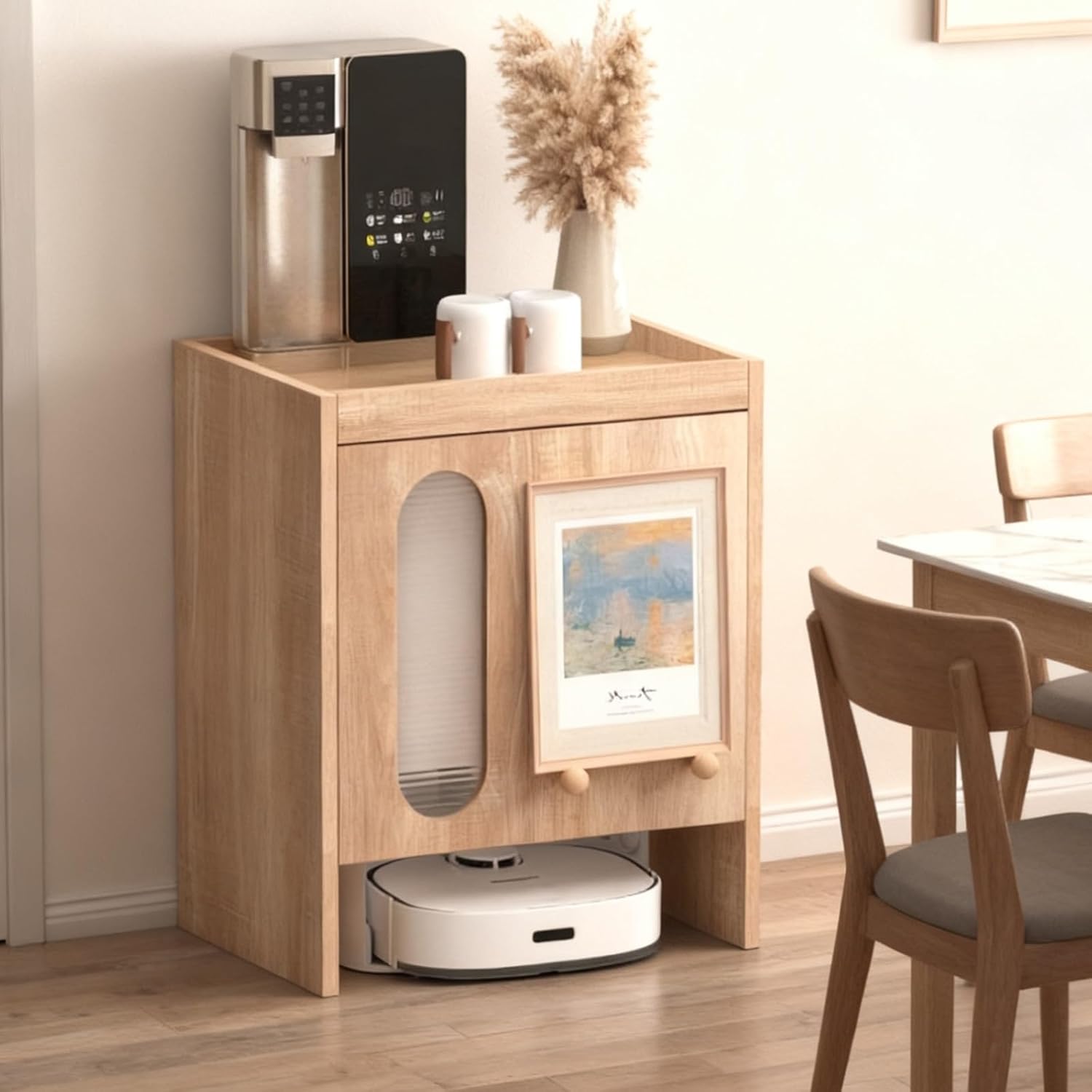 Robot Vacuum Storage Rack Wooden Bedside Table Modern Side Table Storage Cabinet Pull-Out Top Panels Accent Side Tables For Bedroom Living Room Dorm Room Hallway Multi Scenario Use(Natural)