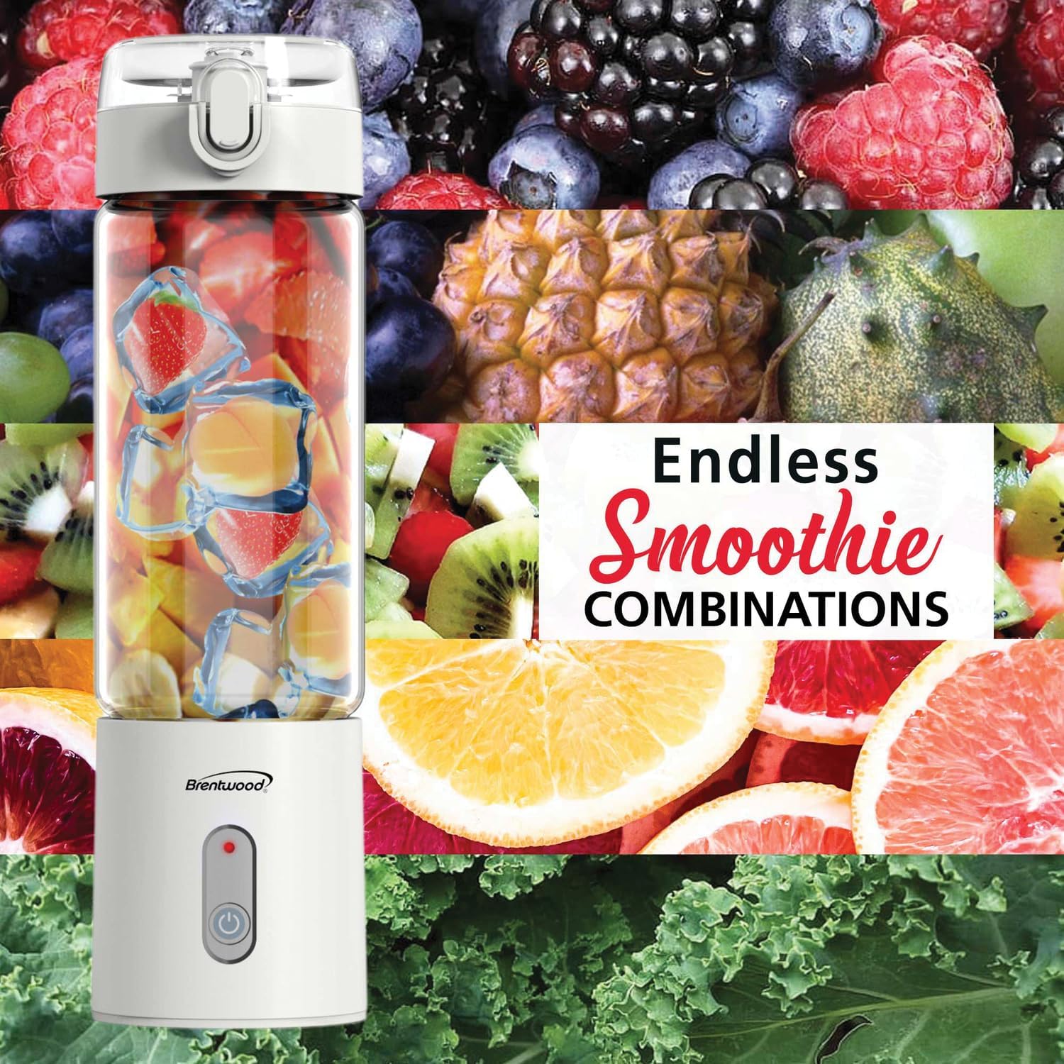 Brentwood 50-Watt 17-Oz. Portable Battery-Operated USB-Chargeable Glass Blender (White)