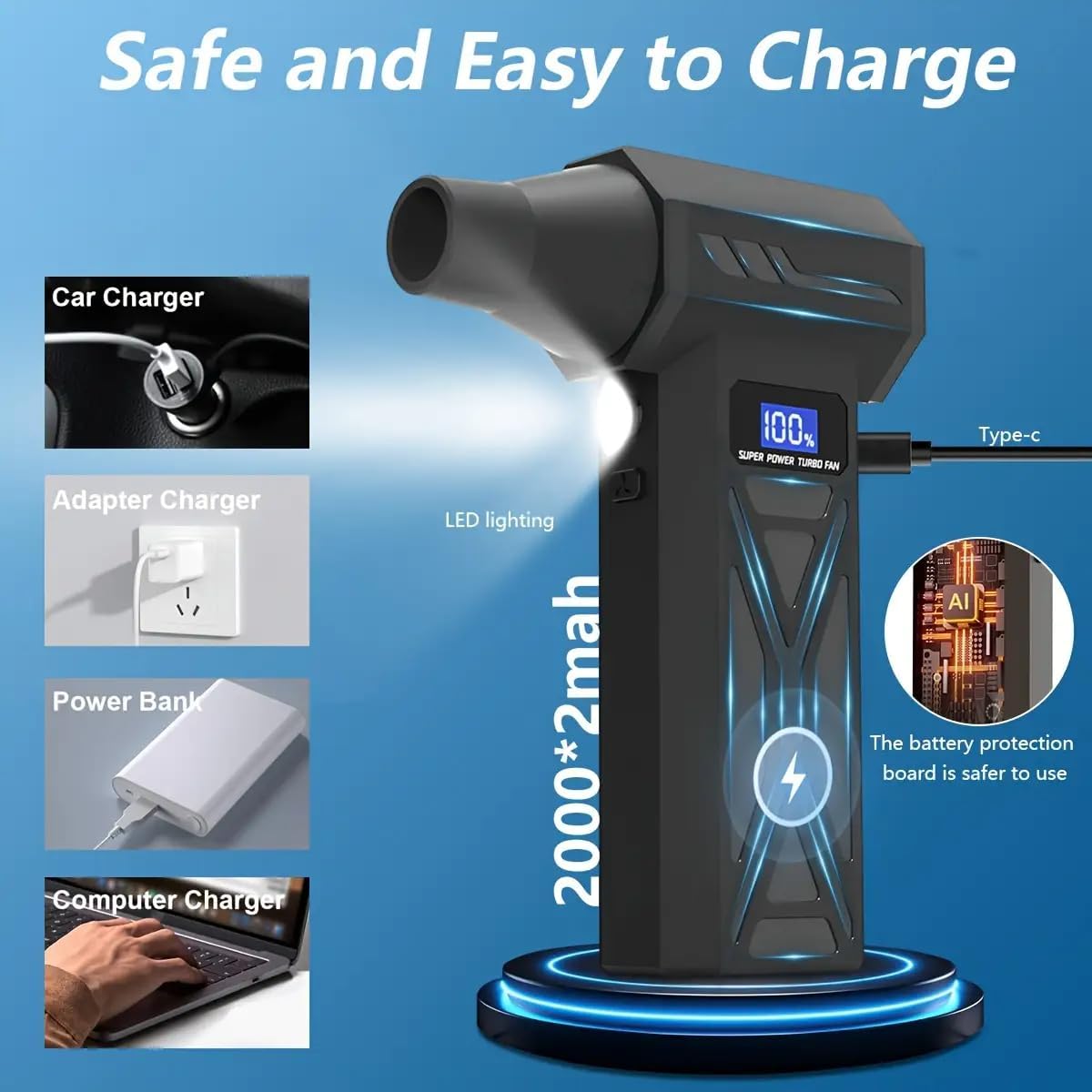 Portable Handheld Vacuum Cleaner, 110,000 RPM, 4 Speed Settings, LED Display, 4000mah Battery, 5 air nozzles, Used for car, Computer, Keyboard Cleaning