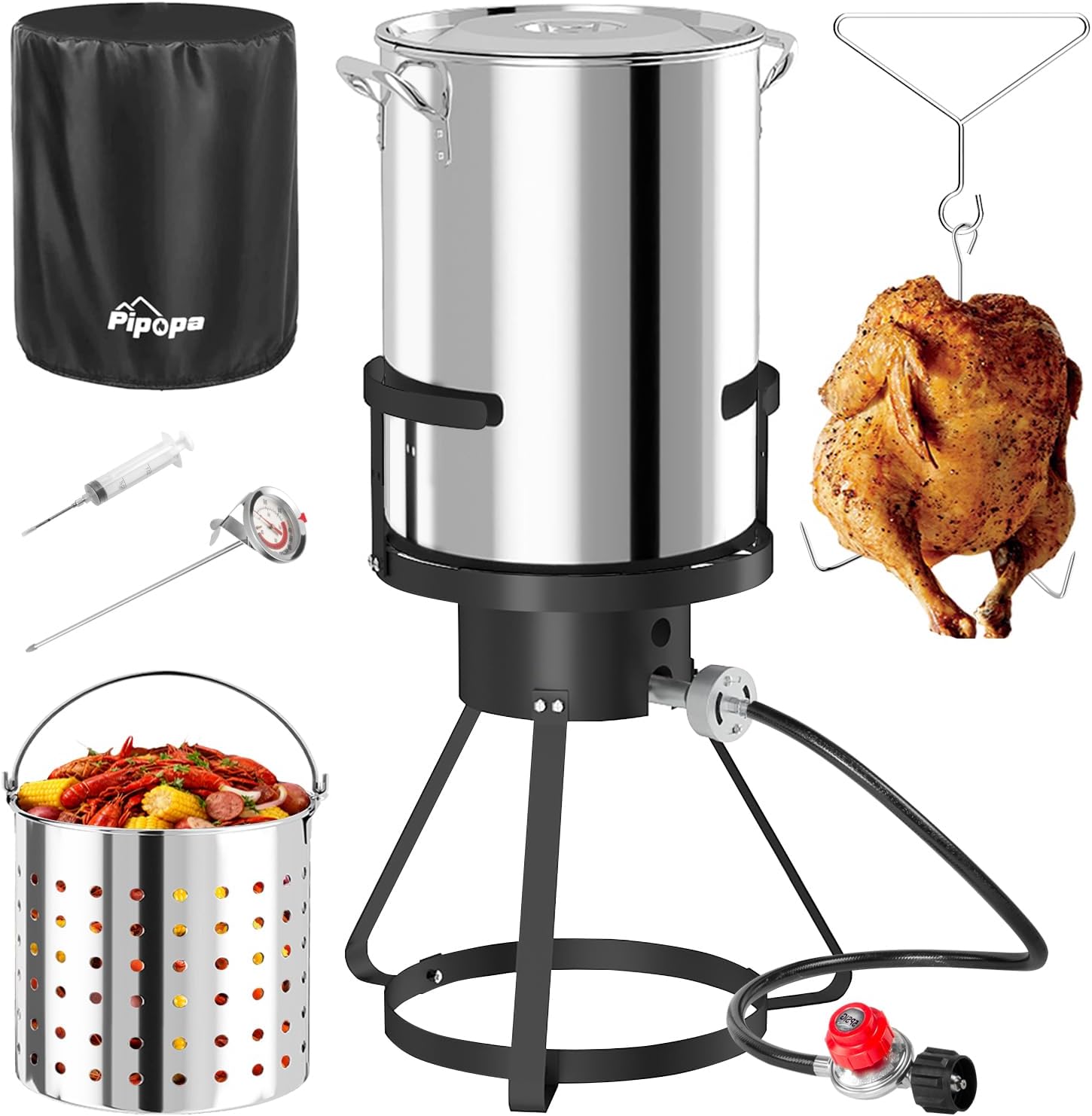 30QT Stainless Steel Turkey Fryer | Seafood & Crawfish Boiler | Basket & Waterptroof Cover Included | 50,000BTU Propane Burner | Outdoor Deep Fryers | Ideal for Frying & Boiling