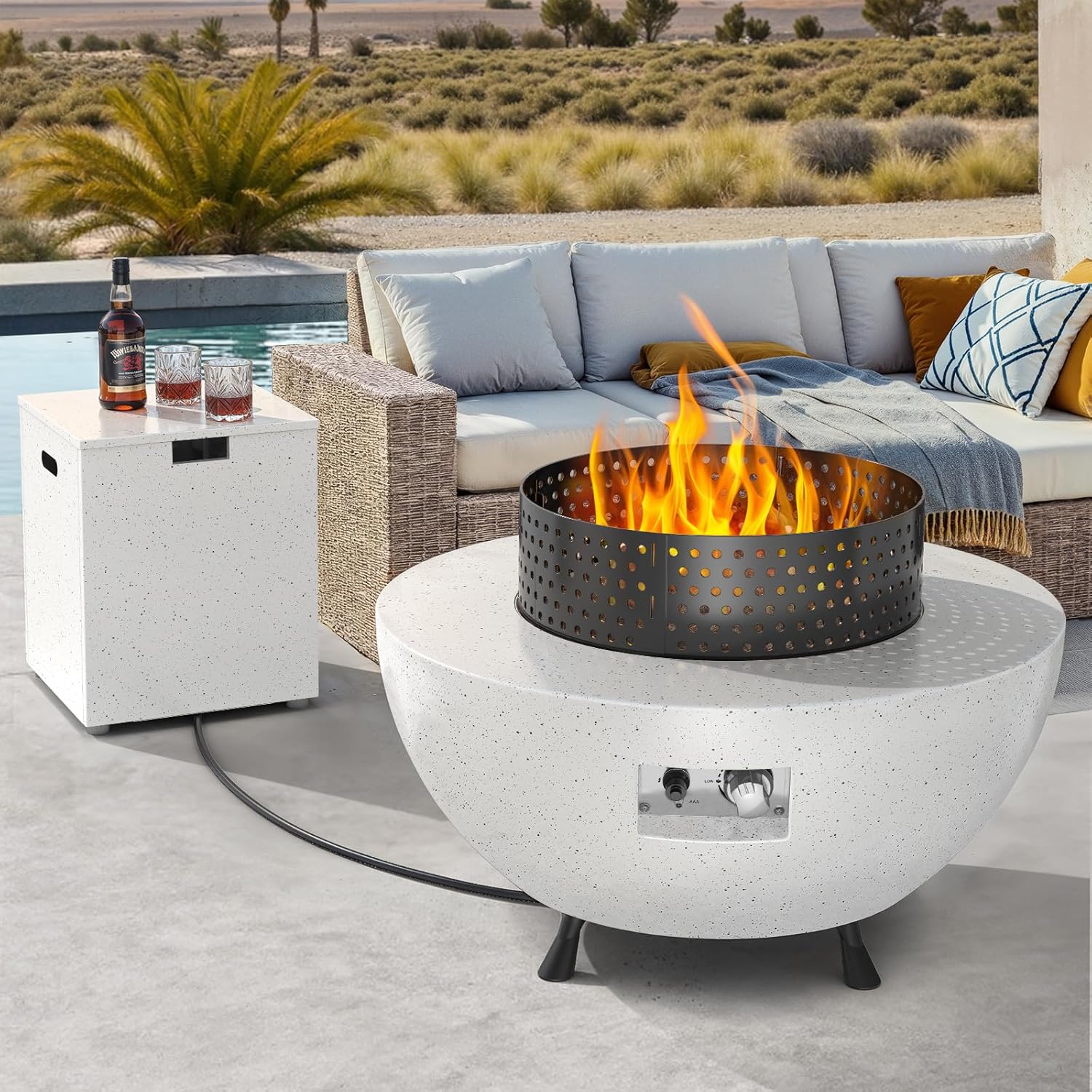 Ciays 29″ Propane Fire Pit Table with Windproof Guard, 50000 BTU Fire Pit Table, CSA-Certified, Outdoor fire Table with Durable Terrazzo Coating/Lava Rocks/4 Stable Adjustable Legs, Garden, White
