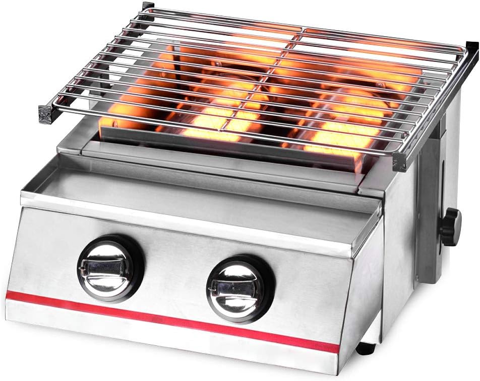 Portable Smokeless Gas BBQ Grill, Stainless Steel Tabletop Outdoor Barbecue Smoker BBQ Kabab Grill with 2 Burners for Camping Picnics