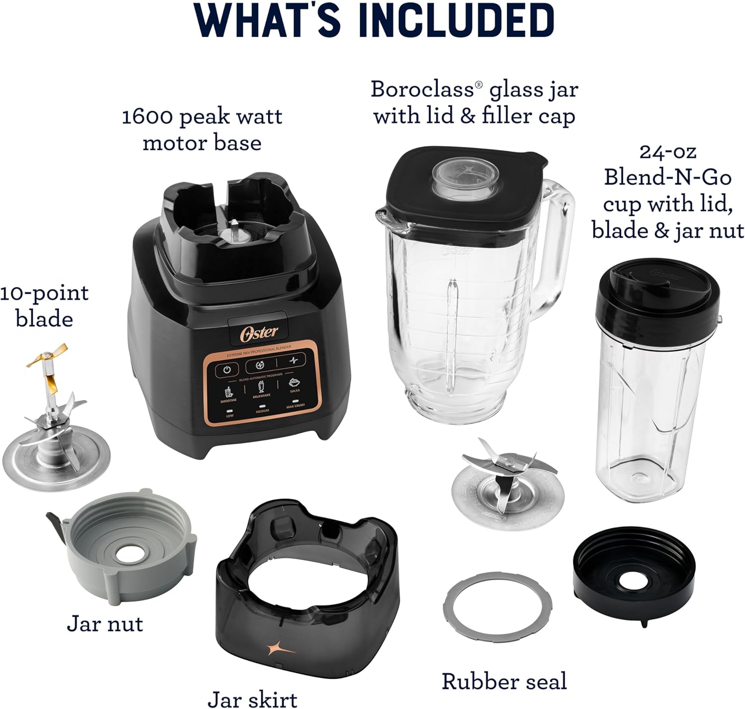 Oster Extreme Mix Blender, 64oz Glass Jar, 3 iBlend Preset Functions, 1600-Watts, 10-Point Blade Stack with Titanium Coating & 24oz Blend-N-Go Cup