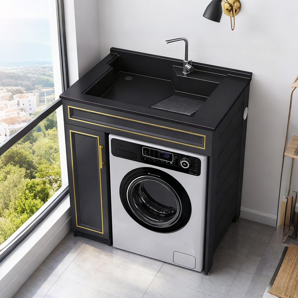 Multifunctional Washing Machine and Sink Combination Unit, Laundry Cabinet with Sink, Suitable for Placement Above Washing Machines and Dryers, Includes Faucet,Left 80 * 60cm