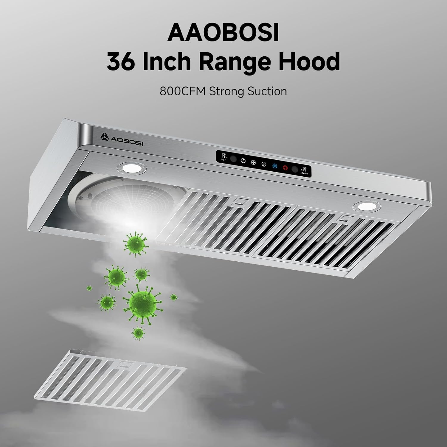 AAOBOSI Range Hood 36 inch Under Cabinet, 800-CFM Gesture Sensing/Touch Control,3 Speed Range Hood with LED Lights Exhaust Fan, Stainless Steel Kitchen Vent Hood