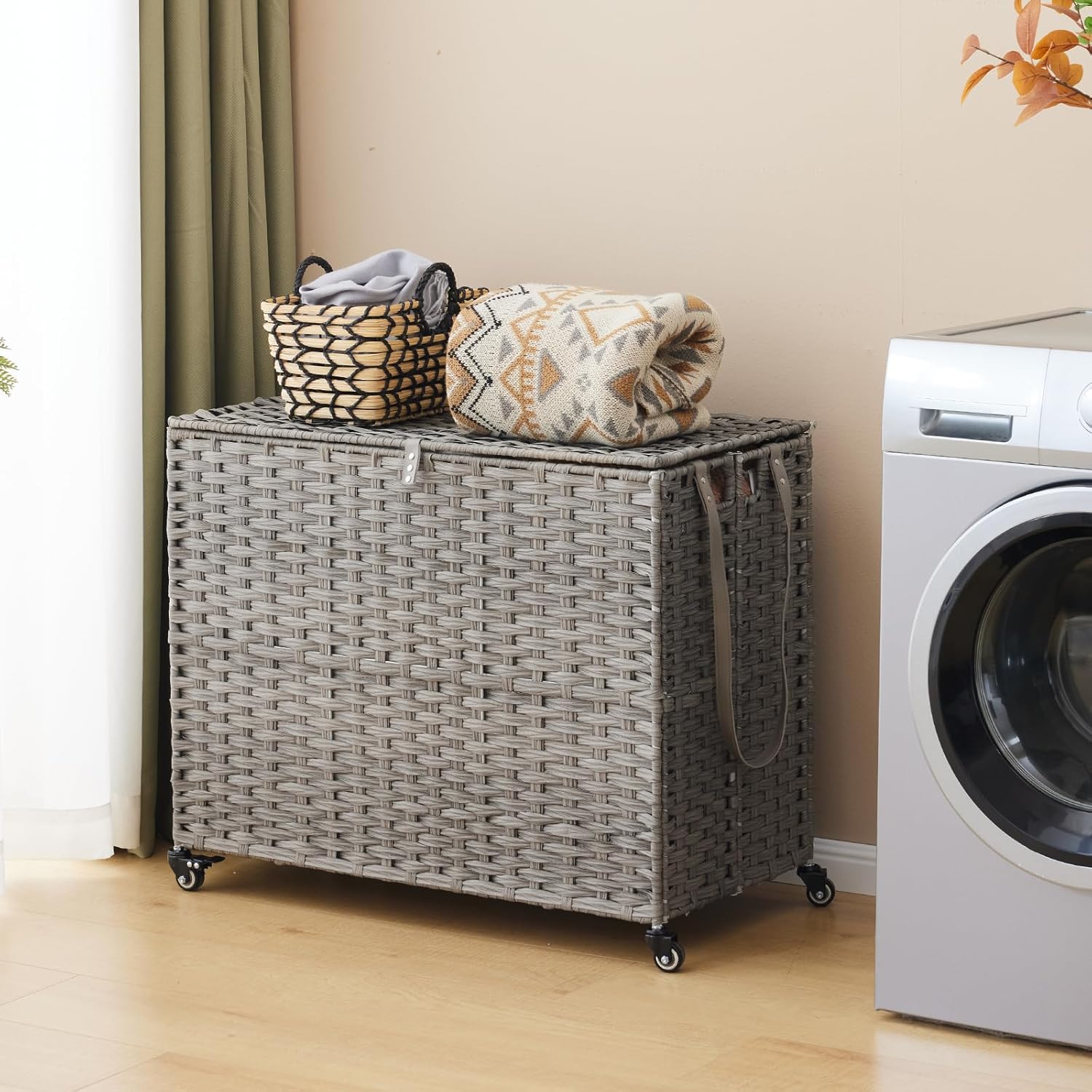 Laundry Hamper with Wheels, 52.8 Gallon(200L) Rolling Laundry Basket with Lid, 3-Section Rattan Clothes Hamper with 3 Removable Liner & 3 Mesh Bags, Laundry Sorter with Side Pocket, Grey