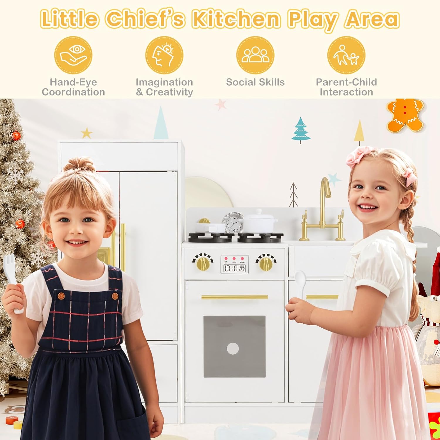 INFANS Play Kitchen Set, Kids Children Pretend Toy Kitchen 2-Piece Playset with Refrigerator, Oven, Microwave, Ice Maker, Sink with Faucet, Kitchenware Accessories for Girls Boys Ages 3+