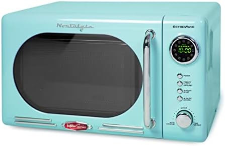 Nostalgia Retro Compact Countertop Microwave Oven, 0.7 Cu. Ft. 700-Watts with LED Digital Display & Retro Wide 2-Slice Toaster, Vintage Design With Crumb Tray, Cord Storage & 5 Toasting Levels, Aqua