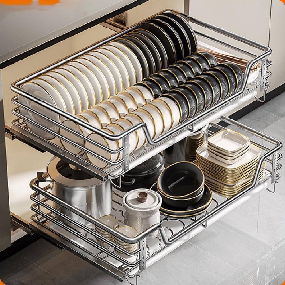 Kitchen Pull Out Cabinets Organizer, 304 Stainless Steel Wire Basket Sliding Drawer for Cabinet Storage Shelves Heavy Duty Slide Out Pan Lid Cookware Organizer for small kitchen appliances, spice seas