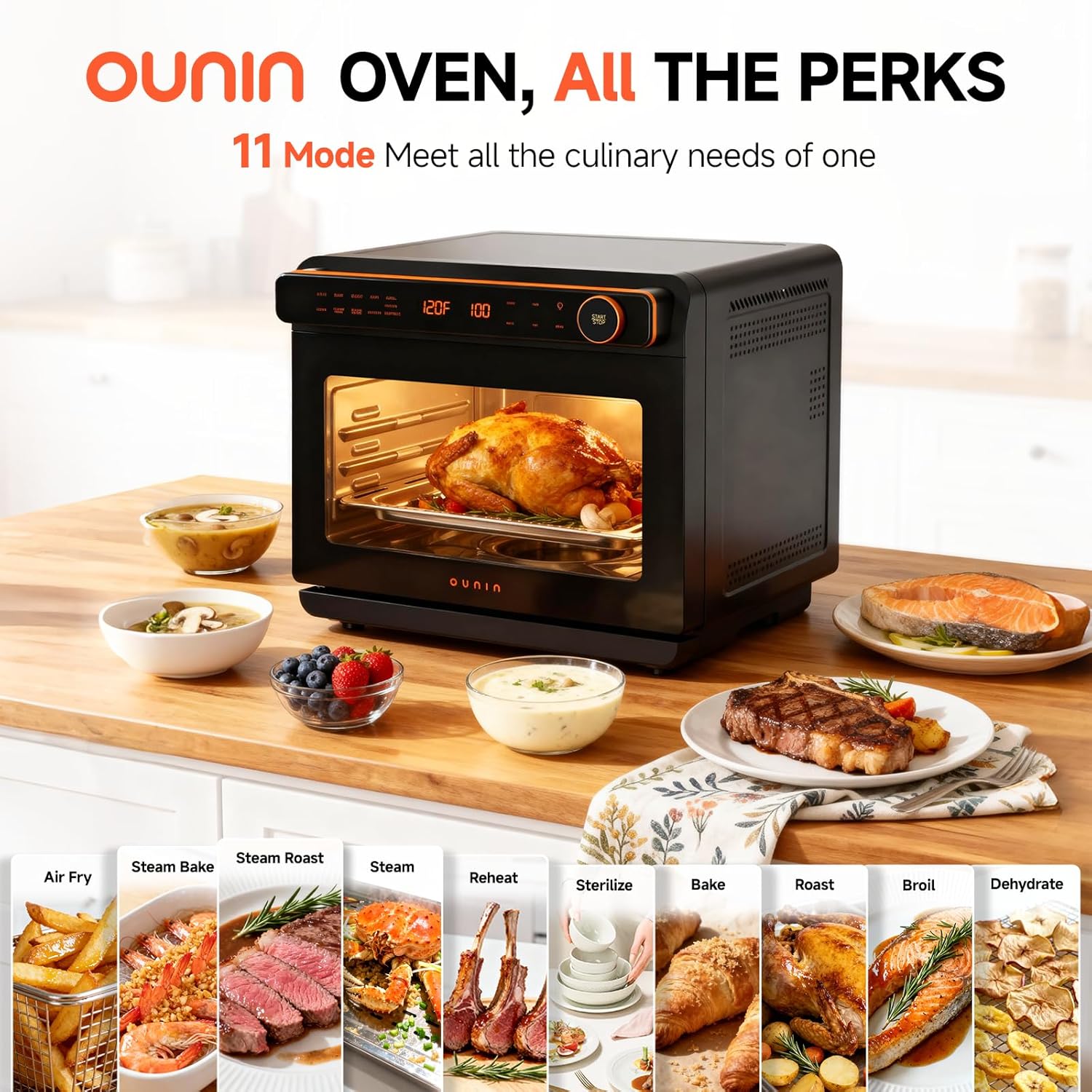 OUNIN 24L Steam and Air Fryer Combo Countertop Oven,11-in-1 Convection Baking and Steam,Bake,Broil,Dehydrate,304 Stainless Steel,Fast Cooking with Precise Electronic Temperature Control,for Gifting