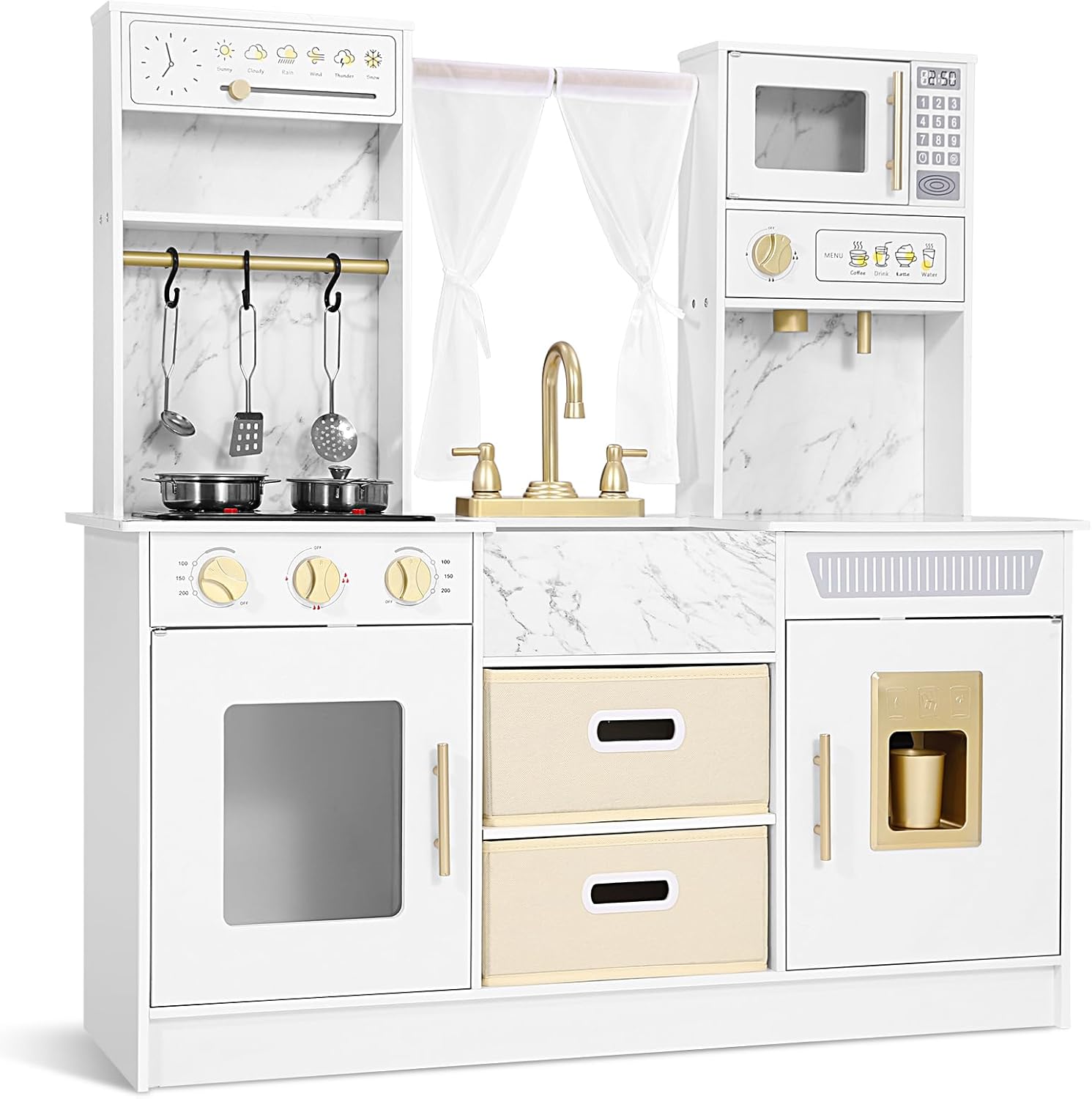 JOYLDIAS Play Kitchen, Wooden Kids Play Kitchen Playset Chef Pretend Play Set for Toddlers w/Ice Cube Dispenser, Oven, Cooking Accessories,Trendy Home Style w/Curtains, Storange Box, Gift for Ages 3+