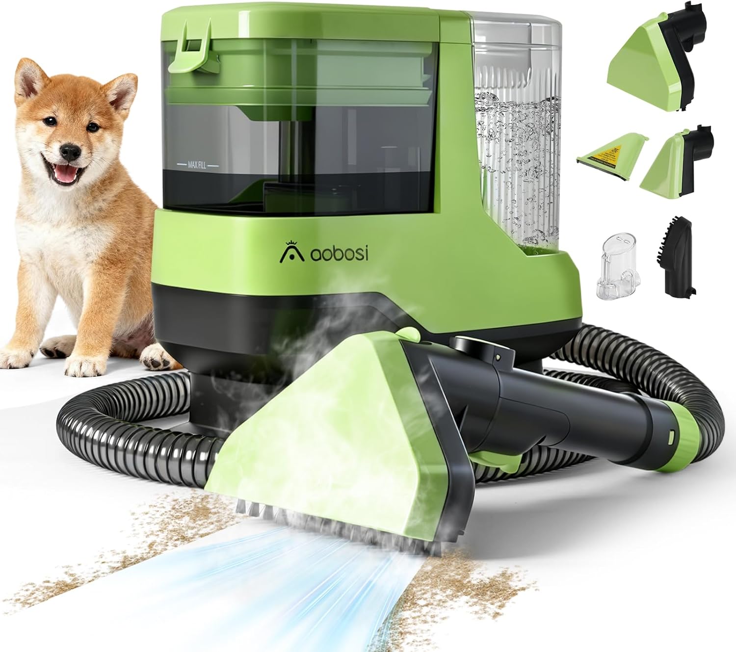 AAOBOSI Portable Carpet Cleaner Machine, 17Kpa Upholstery Steam Cleaner with Smart Voice Prompting, Self-cleaning, 4 Tools for Pets, Car, Couch and Stairs- C688, Green