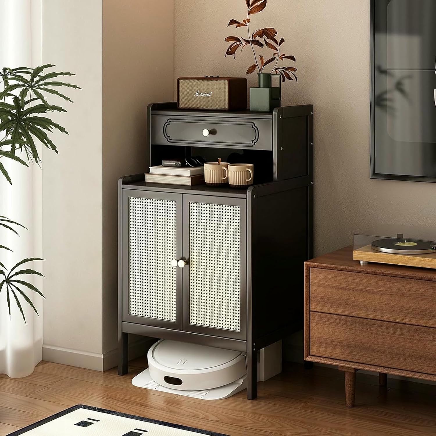 Bamboo Robot Vacuum Stand Cabinet Smart Floor Sweeper Hidden Storage Rack, Multi Tier End Table for Living Room Dining Room Kitchen Home Office