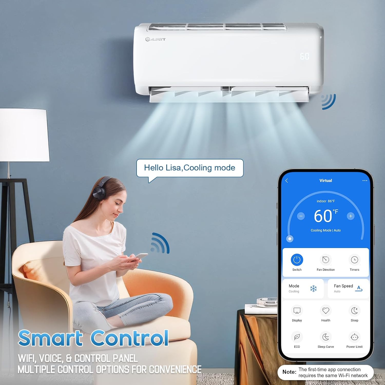 Albott Mini Split Air Conditioner Heat Pump, 24000 BTU 21 SEER2 208V-230V, Energy Star, Remote Control for Rooms up to 1500 Sq.Ft, Wall Ac Unit with 14.8ft Installation Kit, White