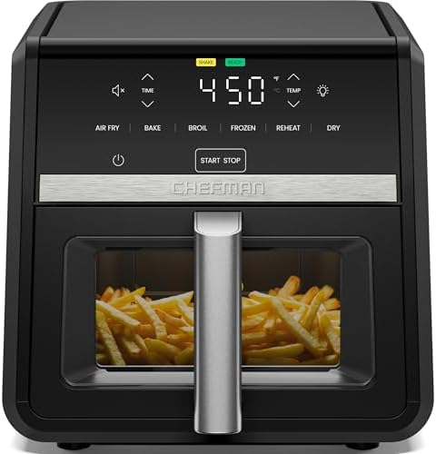 Chefman Air Fryer TurboFry 9-Qt, 6-in-1 High-Powered 450°F Cooking for Crispier French Fries, Chicken, and Onion Rings, XL Windowed Basket, Air Fry, Bake, Broil, Reheat, Dehydrate, Defrost – Black
