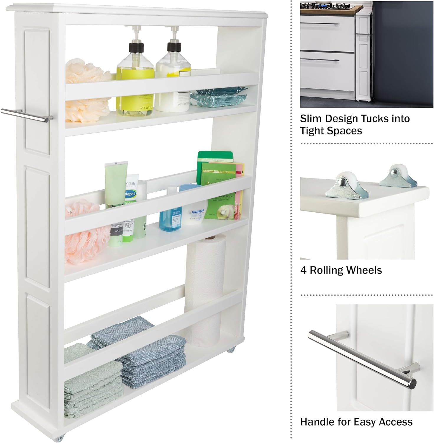 Slim Rolling Storage Cart - 4 Tier Utility Cart with Handle and Wheels for Bathroom, Kitchen and Laundry Room - Storage Shelves by Lavish Home (White)