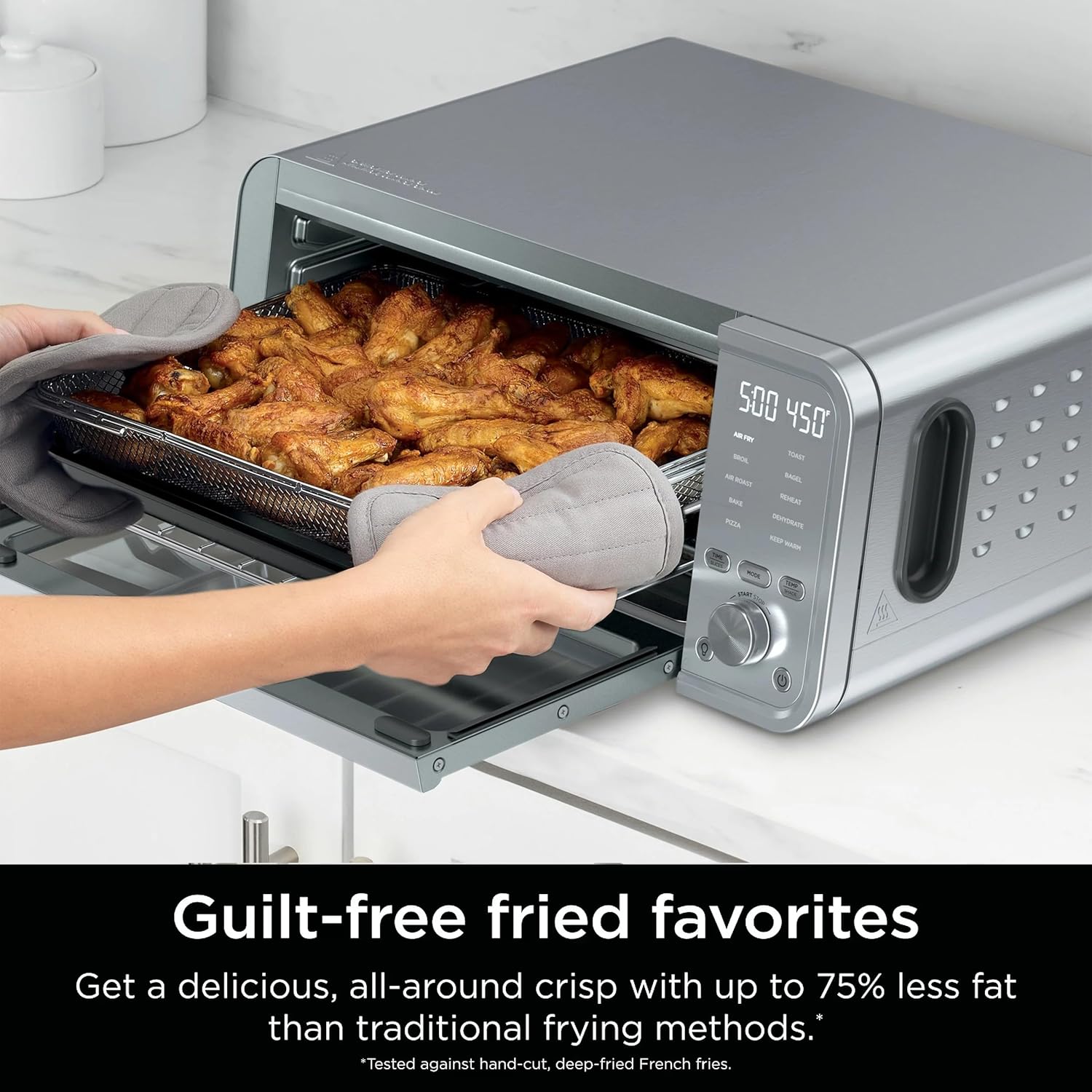 Ninja FT405CO 10-in-1 Digital Air Fry Oven with Extra Large Capacity, Flip Up and Away, Stainless Steel Body, and Temperature Control (Renewed)