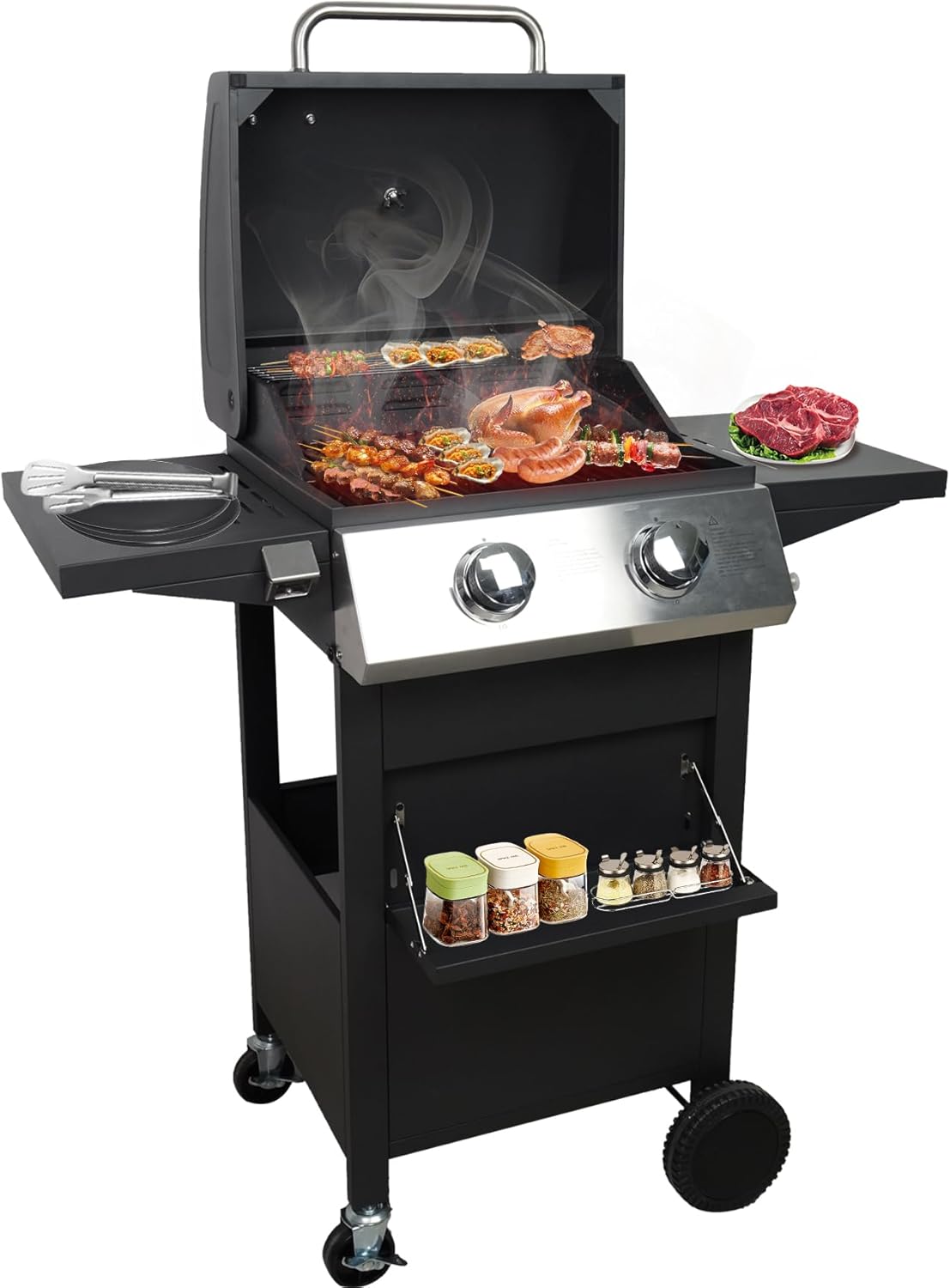 2 Burner BBQ Gas Propane Grill, Small Portable Camping Gas Grill for Outdoor Cooking Barbecue, 20000 BTU Stainless Steel Barbeque Propane Grills for Patio/Backyard/Garden/Picnic