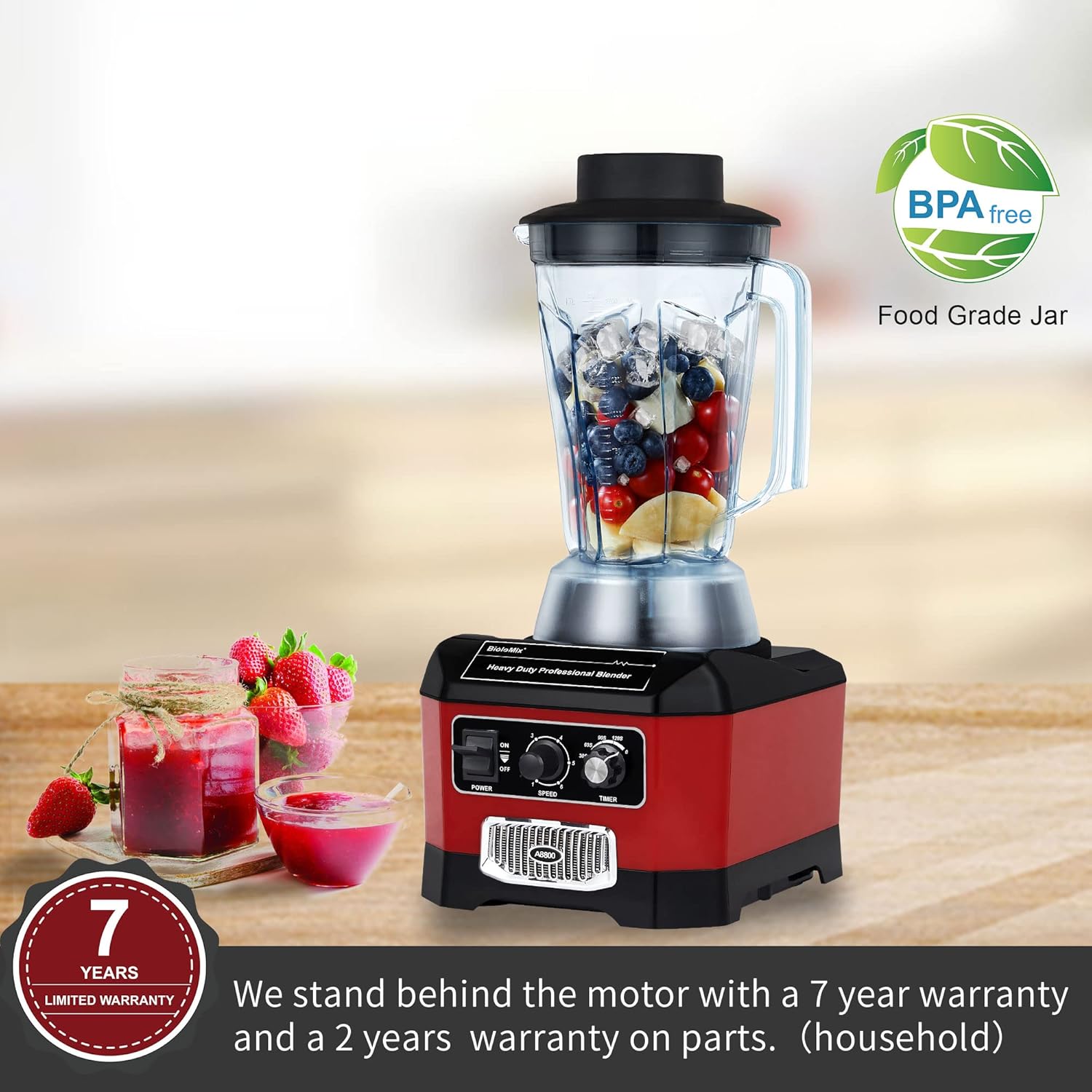 BioloMix Heavy Duty Commercial Blender, 2200W 60Oz Professional Kitchen Blender Smoothies, Shakes, Ice and Frozen Fruit, Optional Dry Grains Container