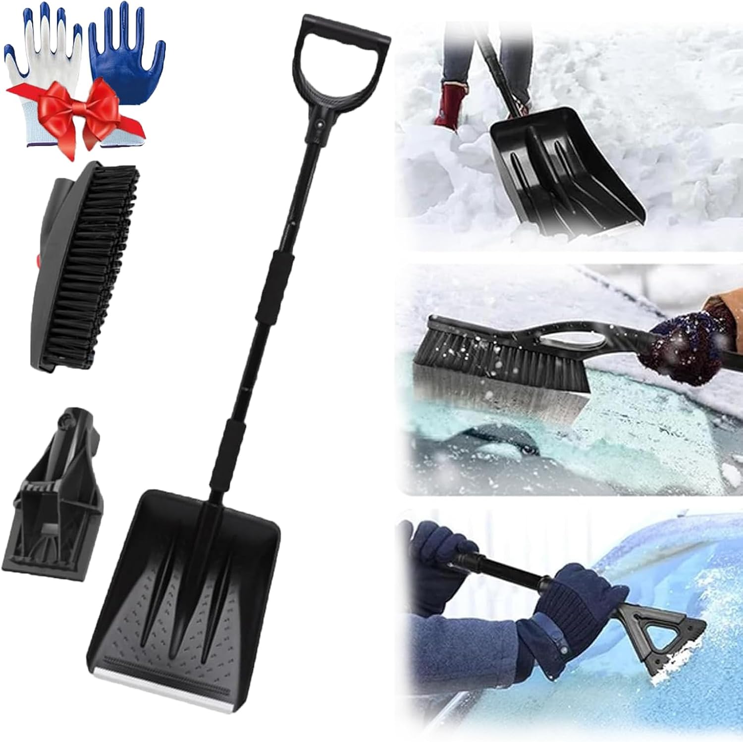3-in-1 Portable Snow Shovel Kit with Ice Scraper and Brush, Collapsible Shovel for Cars, Foldable Snow for Car Aluminum, Emergency Car Shovel Lightweight for Driveways, Winter Use (Black)