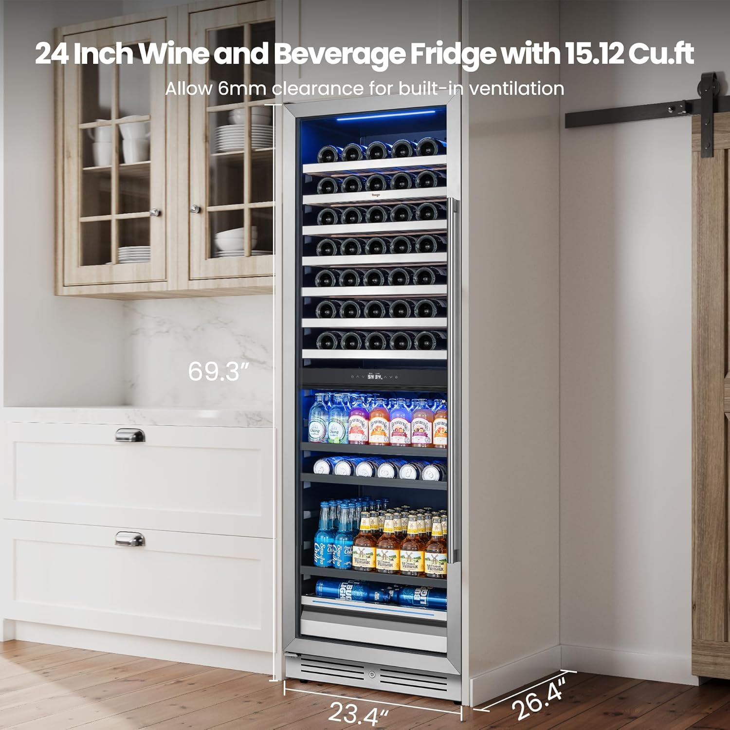 Yeego Wine Fridge – 24 Inch Wine and Beverage Cooler 34°F-65°F, 304 Stainless Steel Glass Door Lock, Temp Memory Blue & White LED Built-in Fridge Left-hand Opening with Drawer (182 Can+77 Bottle)