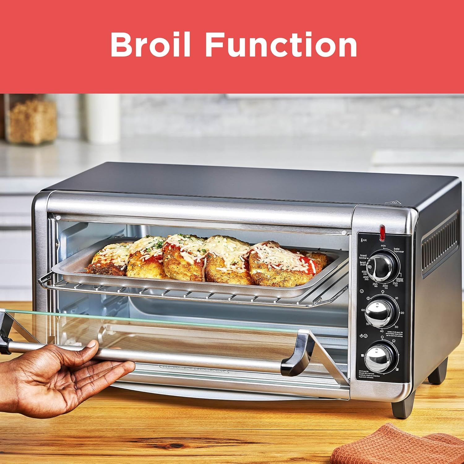 BLACK+DECKER TO3250XSBD 8-Slice Extra Wide Convection Countertop Toaster Oven, Includes Bake Pan, Broil Rack & Toasting Rack, Stainless Steel/Black