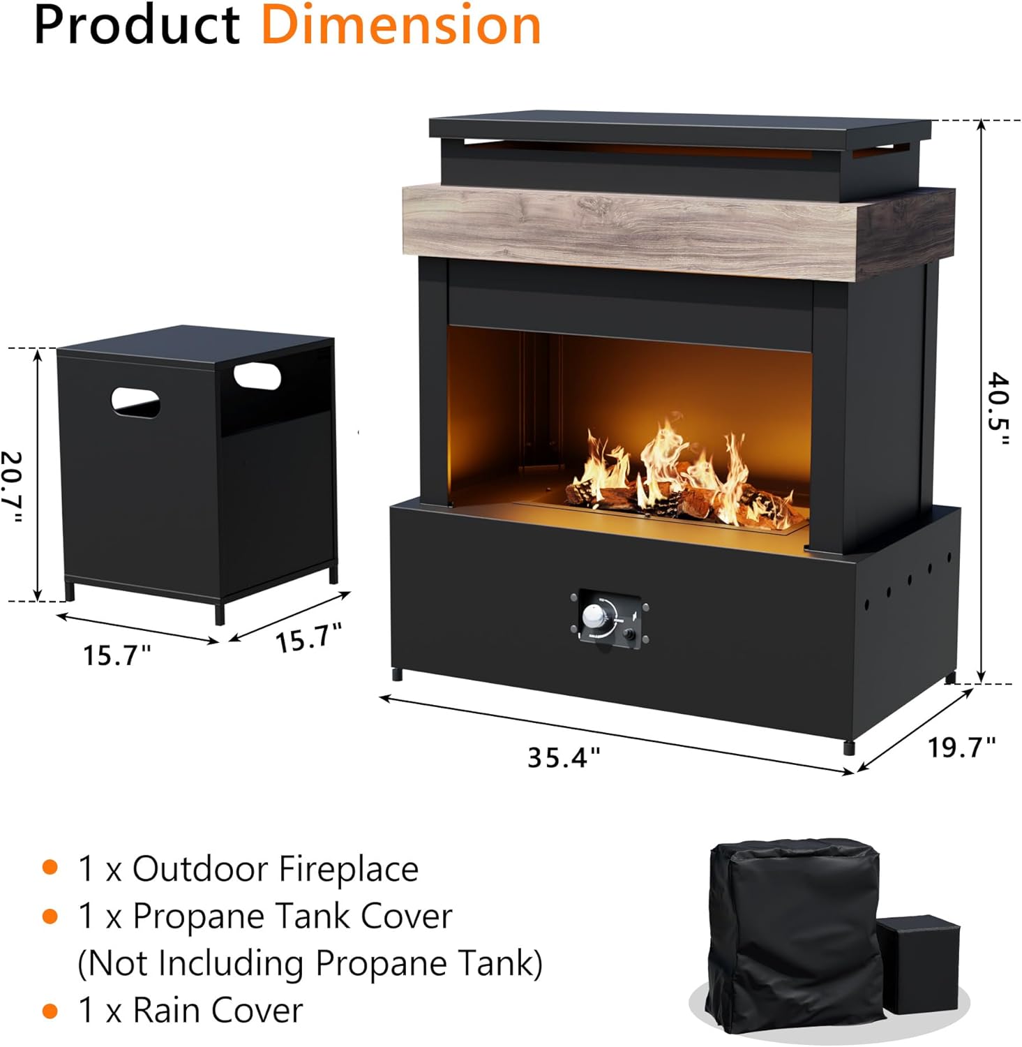 Outdoor Propane Fireplace w Tank Table, 50,000 BTU Gas Fire Pit with Ceramic Logs, Rain Cover, 35 Inch Steel Metal Smokeless Fireplace for Patio, Deck, CSA Certified (35 x 40 Inch)