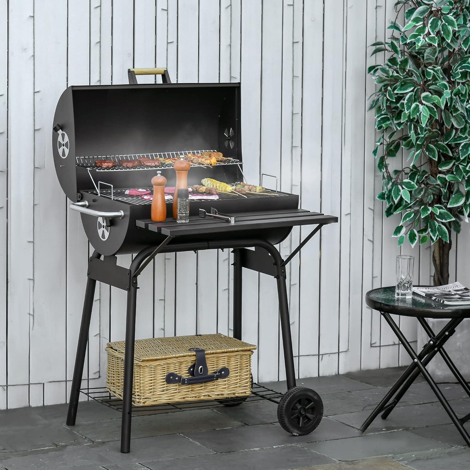 30 Inch Portable Barrel Charcoal Grill with Offset Smoker, Steel Outdoor BBQ Grill with Storage Shelves and Wheels, Charcoal Smoker Grill for Backyard, Camping & Picnic