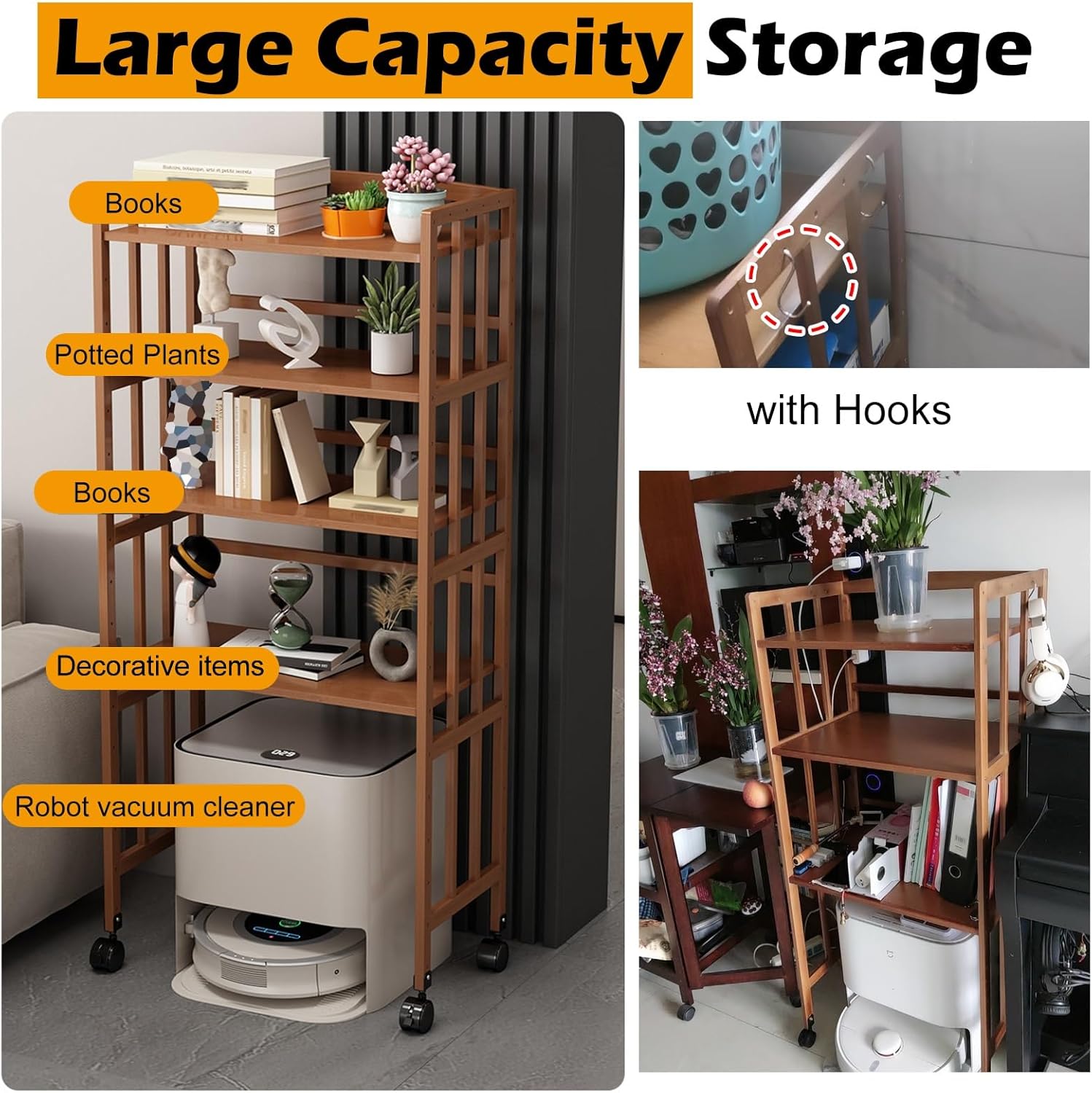 3 Layer Mobile Vacuum Cleaner Storage Stand Rack Holder, 48 Inch Tall Home Living Room Robot Vacuum Display Shelf, Wood Cabinet Side Table(Natural,W 70cm/27.5in)