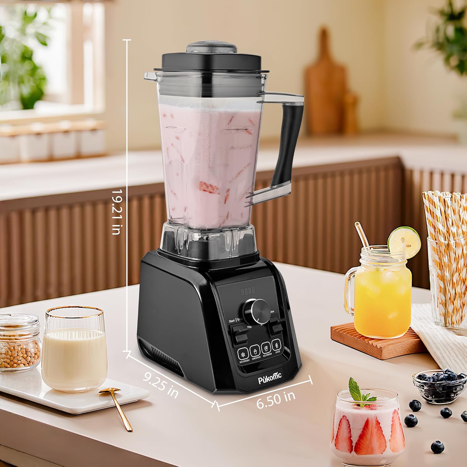 Pukomc Blender for Smoothies with 65Oz Large Capacity, 1200W Powerful Motor Blenders for Kitchen, 4 Presetting & 9 Speeds, Countertop Blenders for Ice Crush, Ice Cream, Frozen Drinks, with LED Display