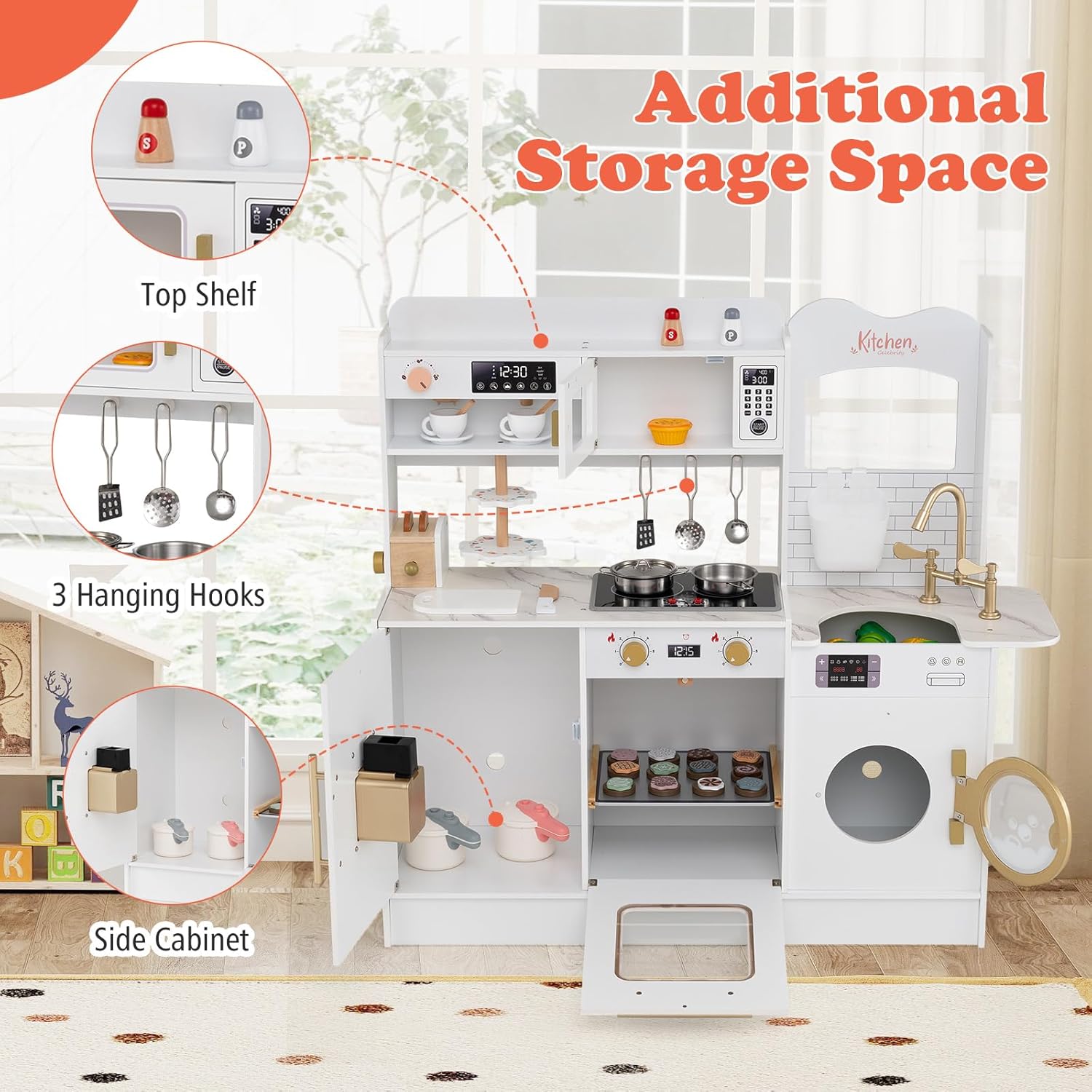 Costzon Kids Kitchen Playset, Toddler Wooden Pretend Playset w/Real Lights & Sounds, Faucet, Microwave Oven, Coffee Machine, Toaster & Ice Dispenser, Little Chef Play Kitchen for Kids Aged 3+ (White)