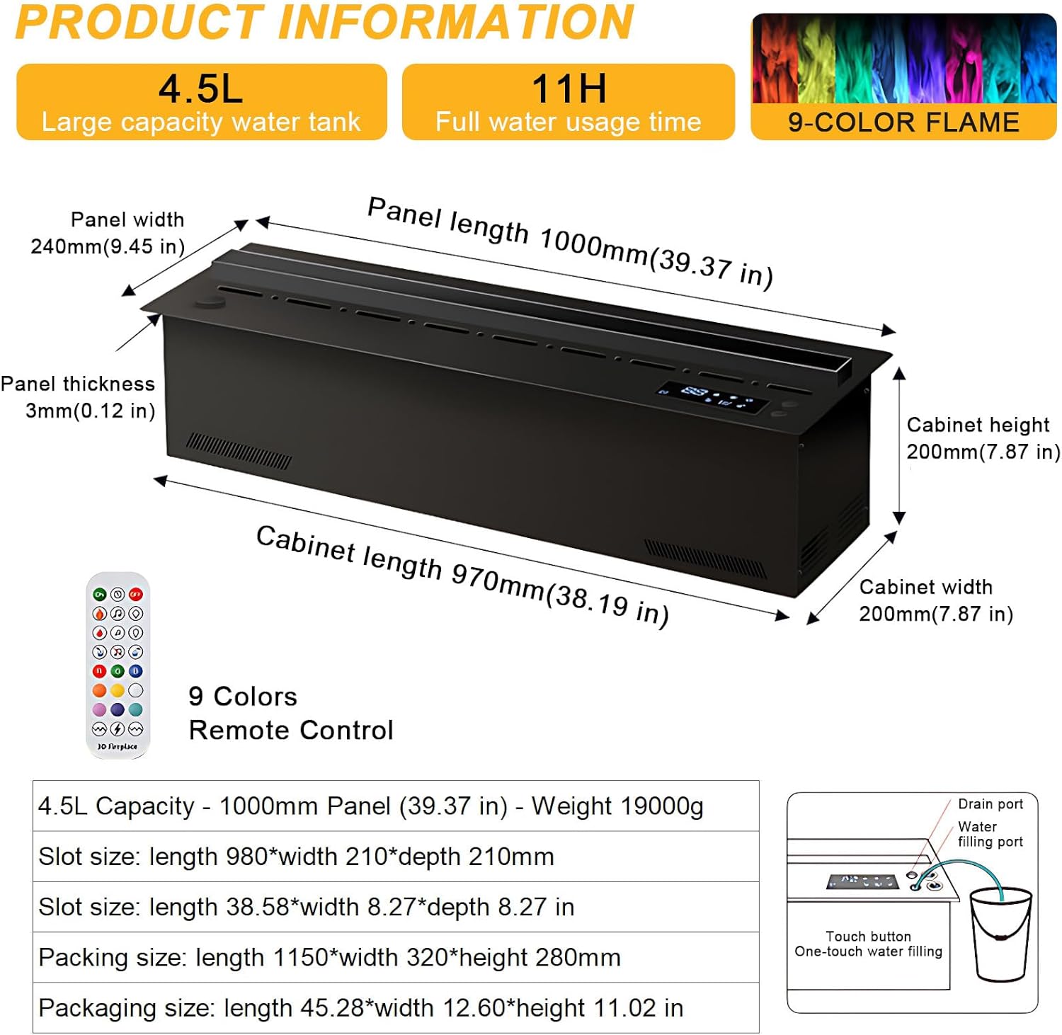 Chimenea eléctrica de Vapor empotrada, 9 Colores, 3D Llama atomizada realista, llenado/drenaje automático, Panel Selfcolour 500mm,Multicolor-Panel1000mm(39.37in)