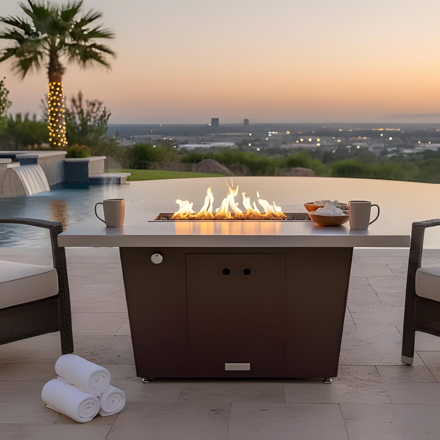 COOKE Palisades Rectangular Fire Pit Table - 52x36 - Chat Height - Propane - Brushed Aluminum Top with 3cm Edge - Bronze Powdercoat Base