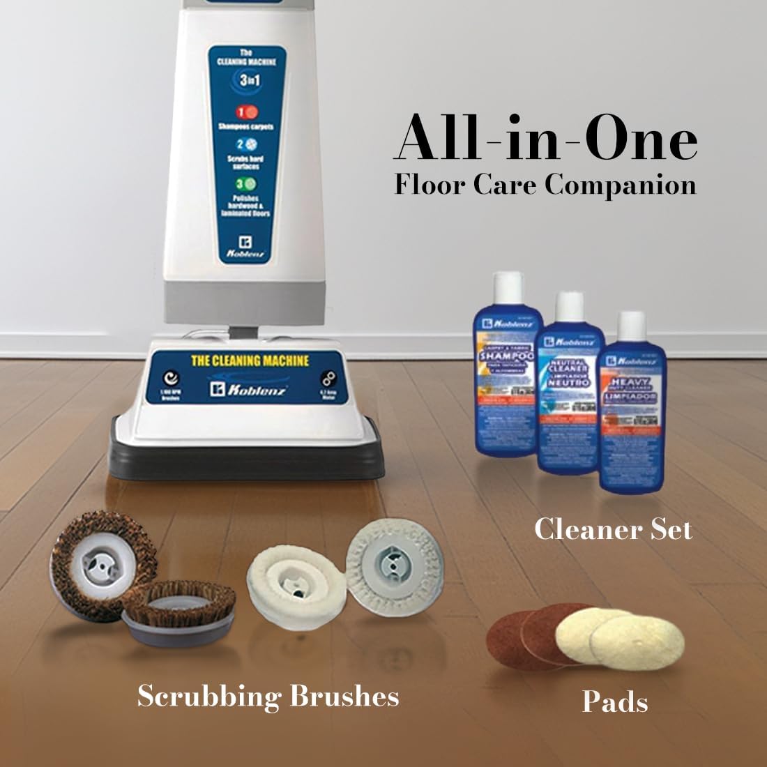 Koblenz Shampooer and Polisher Cleaning Machine, Floor Cleaner with 1100-rpm Motor, 5' Power Cord, 120-oz Tank, 2-Speed Settings, Scrubbing Brushes, Lambswool Pads, and Polishing Pads, P-820 B