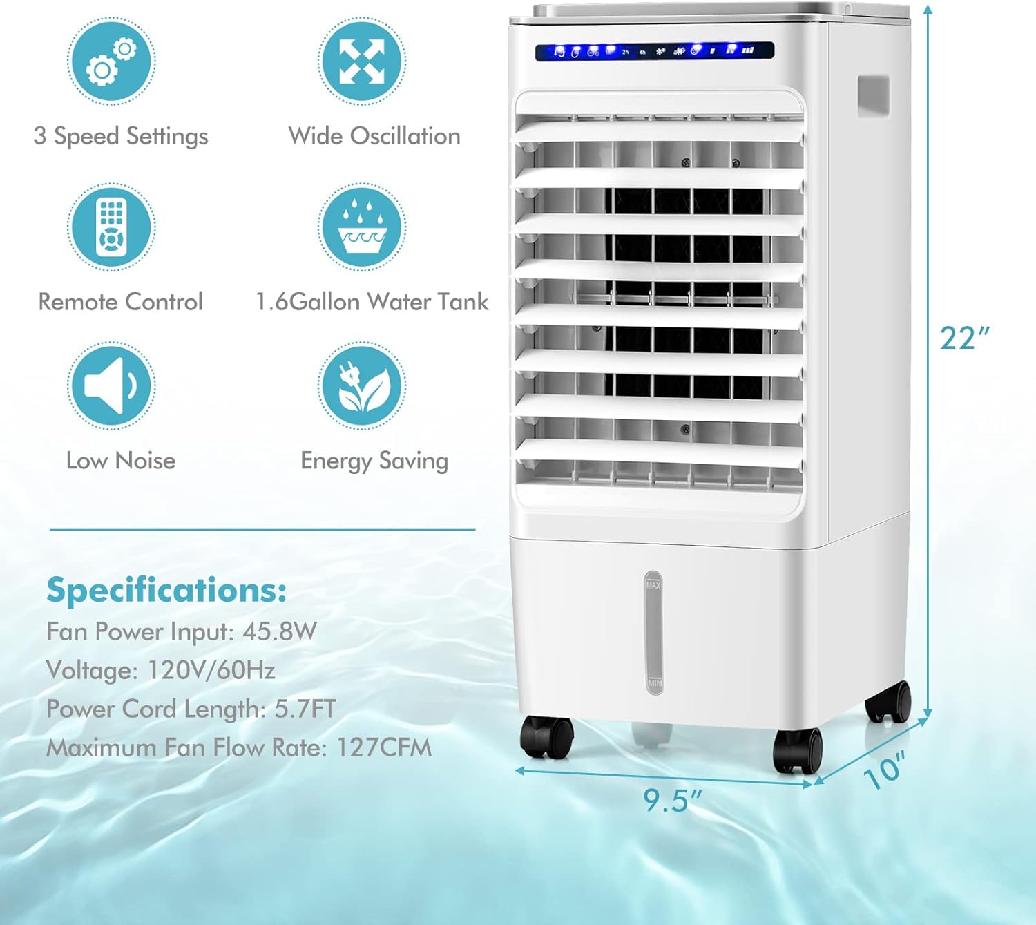 Evaporative Air Cooler, 3 in 1 Air Conditioner Fan with 3 Modes & 3 Speeds, Remote & 7H Timer, 80° Oscillation, Negative Oxygen Ion Function, Water Tank, Swamp Cooler for Home Office Dorm