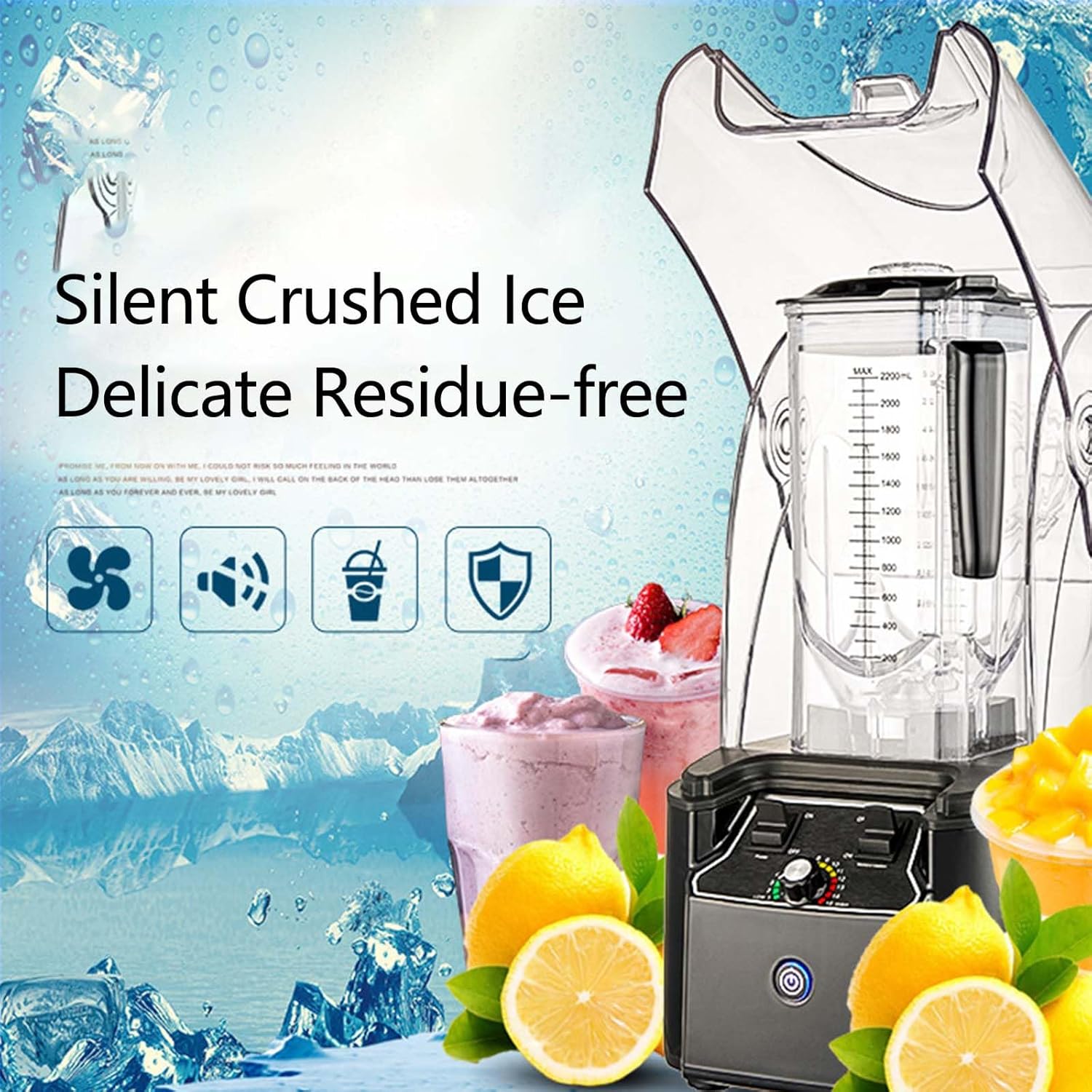 Commercial Professional Blender, Juice Smoothie Machine, W/Shielded Silent Housing, 2200W Electric Food Processor, Black