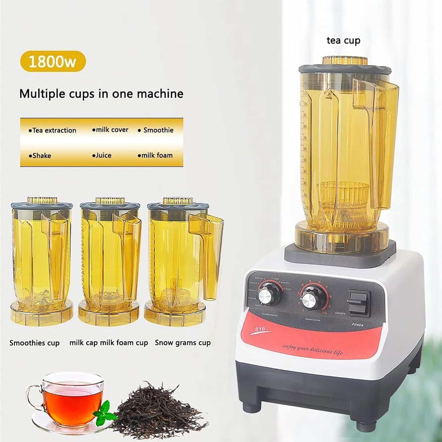 Commercial Fruit Blender, 1800W Milkshake Smoothie Machine with 4 Mixing Cups, 1200ml 10-Speed ​​Adjustable Food Blender for Milk Tea Shop, Coffee Shop, Beverage Shop, Restaurant