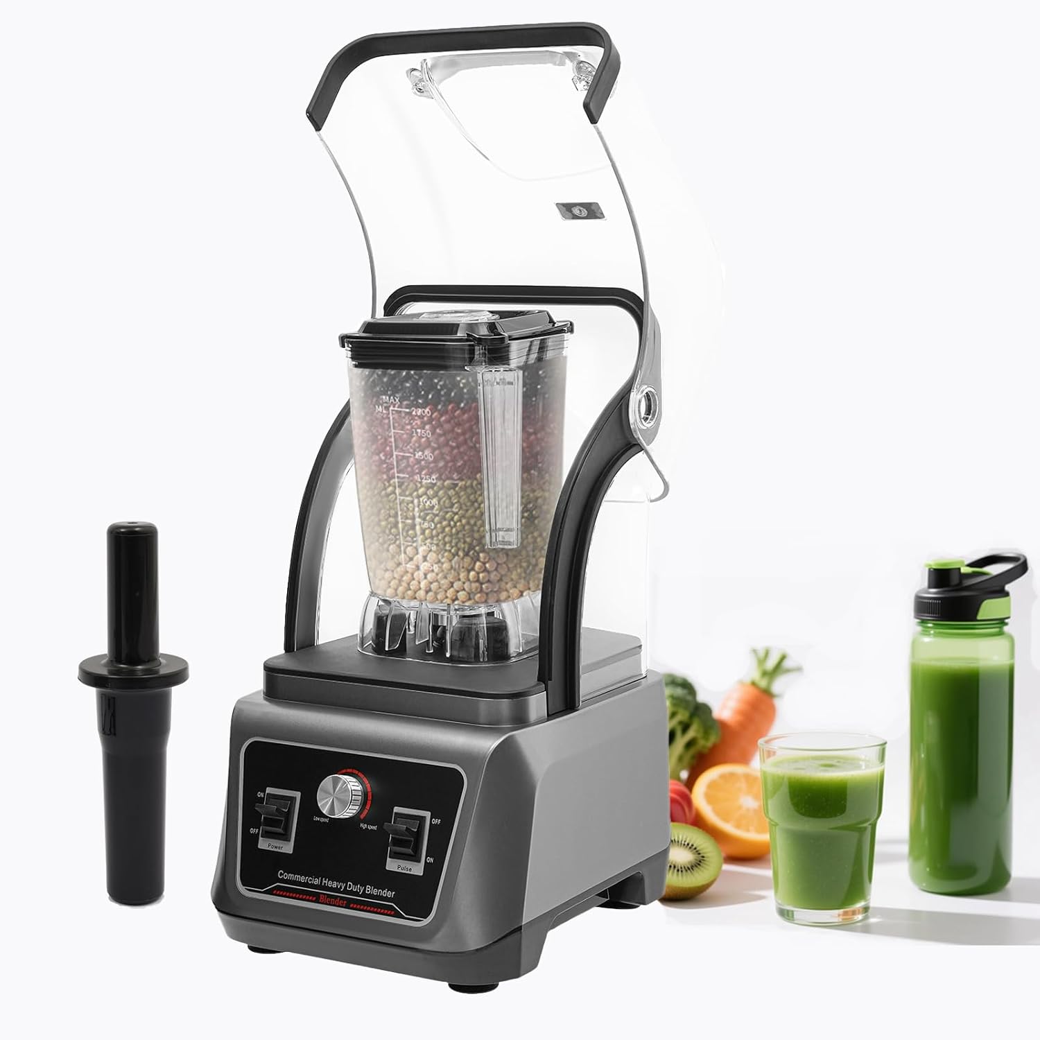 Commercial Blender With Shield Quiet Sound Enclosure, 2200W Professional Heavy Duty Countertop Blender, 67.6oz Quiet Soundproof Shield,Self-Cleaning, Mixing Rod Included, Grey