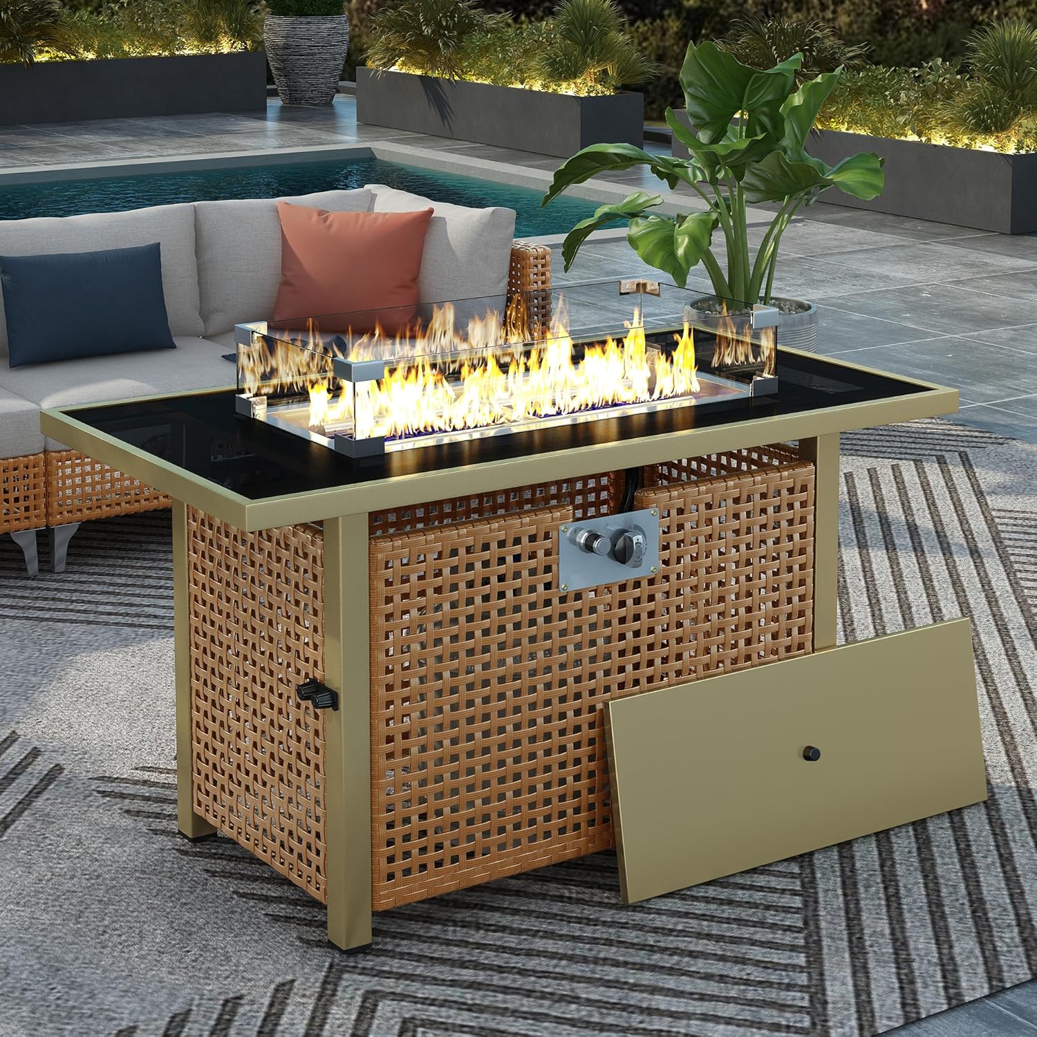 43-Inch Propane Fire Pit Table, Outdoor Gas Fire Table with Glass Wind Guard, 60000 BTU Rectangular Open Weave Wicker Fire Pit for Outside Patio Deck Garden Backyard- Orange & Mustard Yellow
