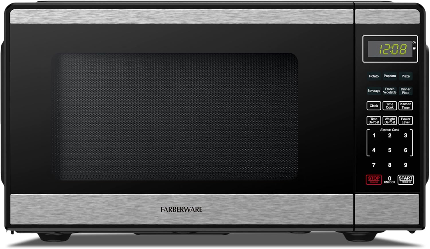 Farberware 0.9 Cu. Ft Countertop Microwave Oven - 900 Watts Power, Auto Cook Settings, Defrost, Easy Clean and Child Safety Lock - Stainless