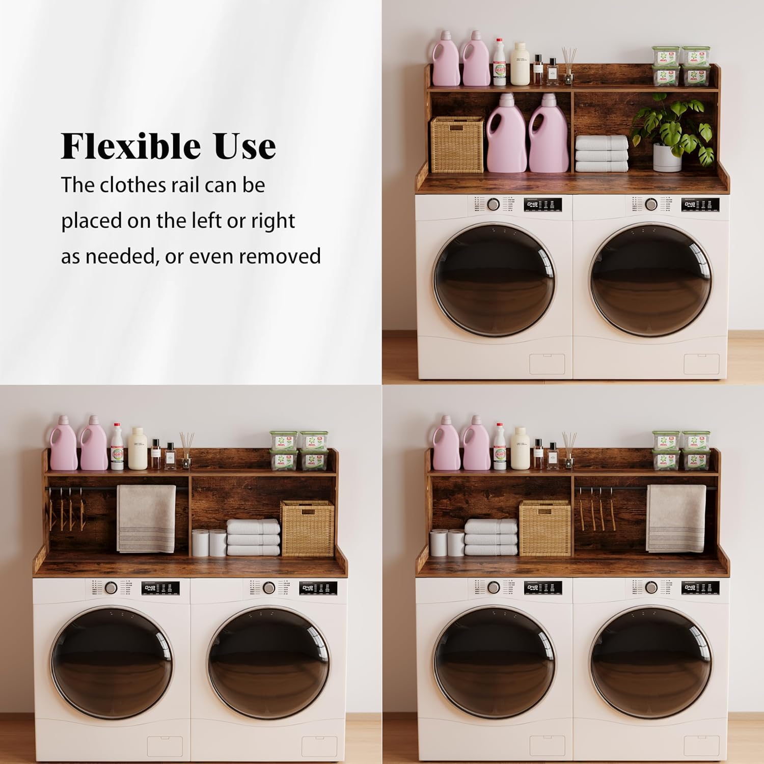 2-Tier Washer Dryer Countertop with Clothes Rail，Laundry Topper with Edge and Non-Slip Pad for Washer and Dryer Laundry Hamper Counter Storage Organization (Rustic Brown, Full)