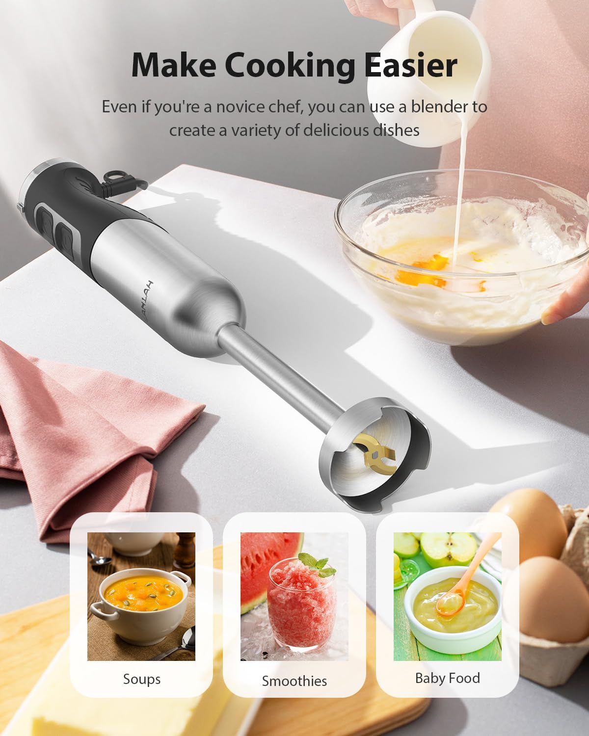 1000W Powerful Immersion Blender Handheld, 2025 New Update Hand Blender with 25-Speed and Heavy-Duty Copper Motor, Silver