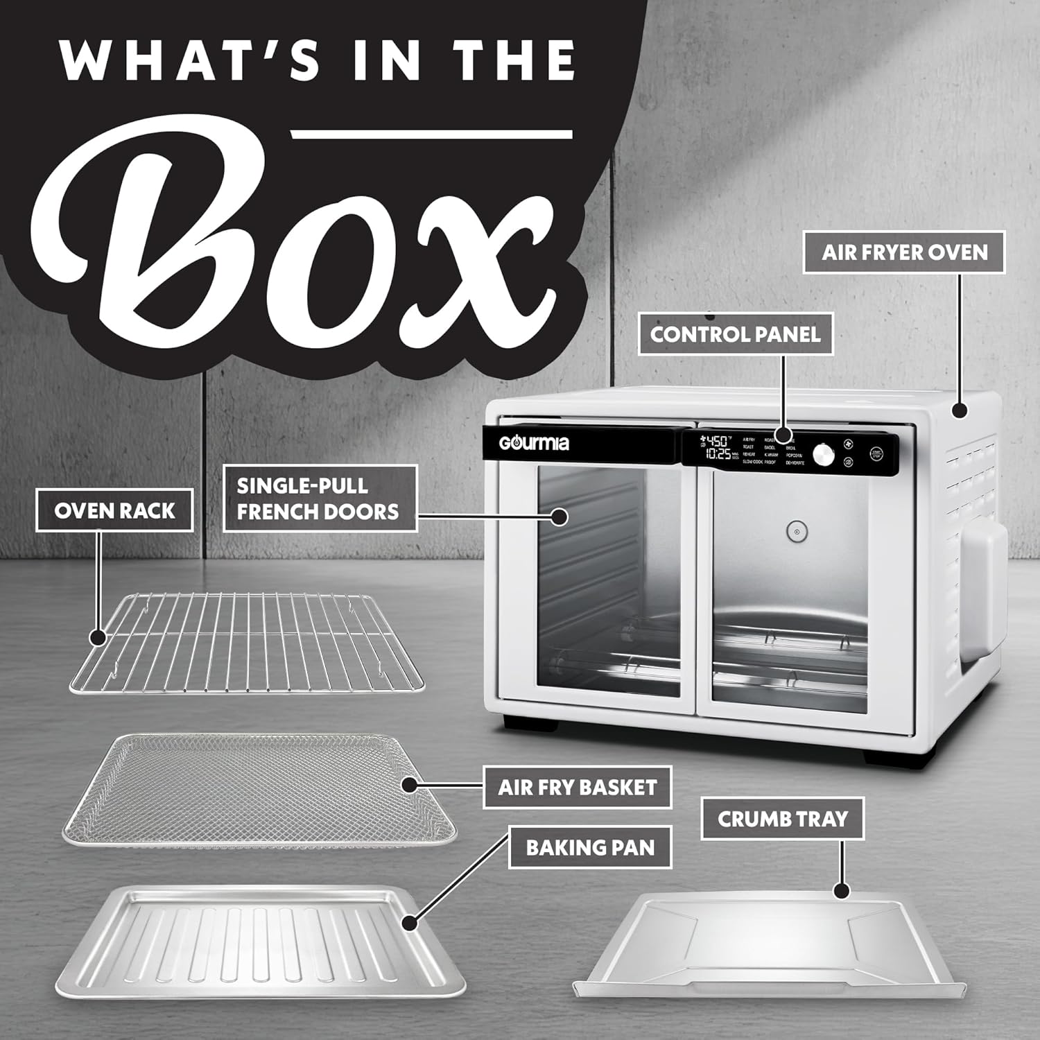 Gourmia French Door Air Fryer Oven - 37 Qt Large Capacity Convection Toaster Oven, FryForce 360°, Digital Display, 12 Cooking Presets, Dehydrate, Fits 13” Pizza, Dishwasher-Safe, White