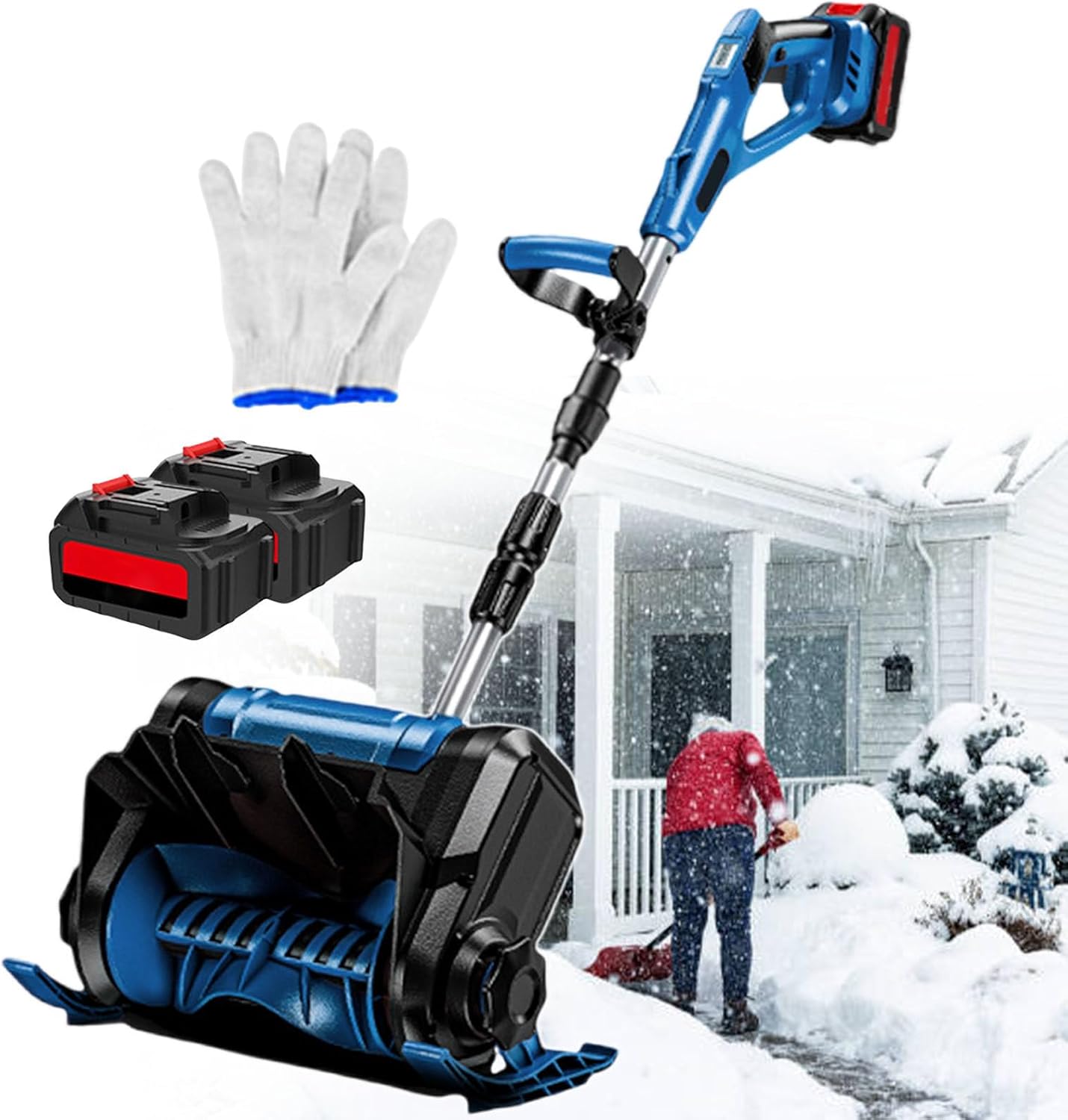 Cordless Snow Shovel,21V Battery Powered Electric Cordless Snow Blower,45° Adjustable Direction,30 cm Clearing Width,Foldable Snow Thrower for Patios,Walkways,Playground Blue-2batteries