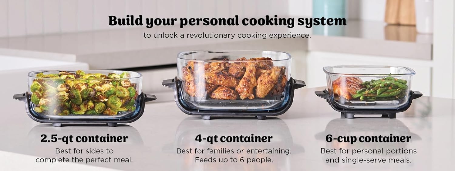 Ninja Crispi 5-in-1 Portable Glass Air Fry Cooking System, 3 Containers & Cover 4-QT, 2.5QT 6-CUP Containers ALL IN ONE