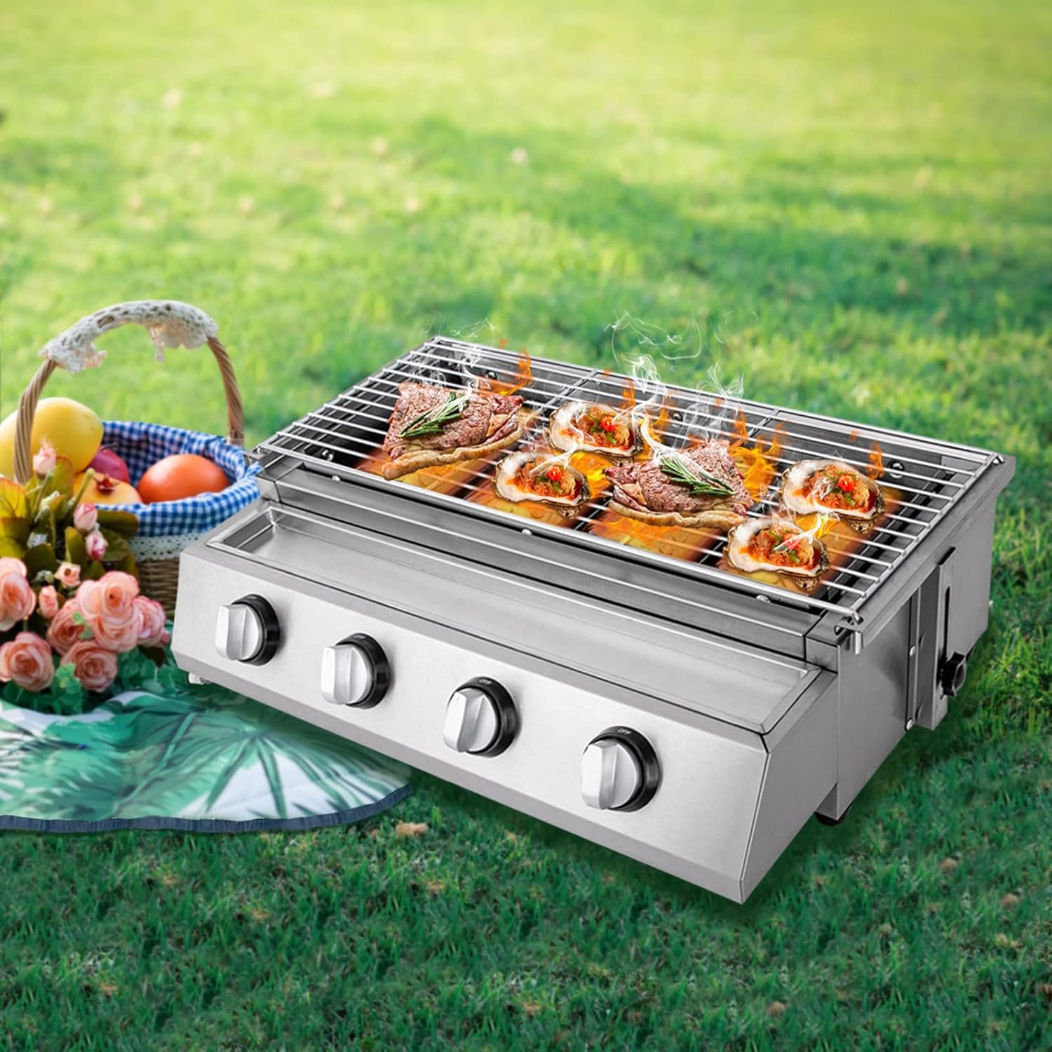 Commercial Gas BBQ Grill, 22in Stainless Steel 4 Burners Adjustable Height Portable Tabletop LPG Grill Table Top Camping Grill Barbecue Stove Kebab Roasting Machine For Outdoor Camping Smokeless