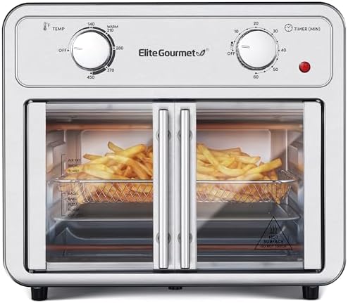 Elite Gourmet EAF1222SS Air Fryer Oven Double French Doors, Bake, Grill, Roast, Broil, Rotisserie, Toast, Warm, Air Fry, Dehydrate, 1500 Watts, with 25 Recipes, 12L. Capacity, Stainless Steel