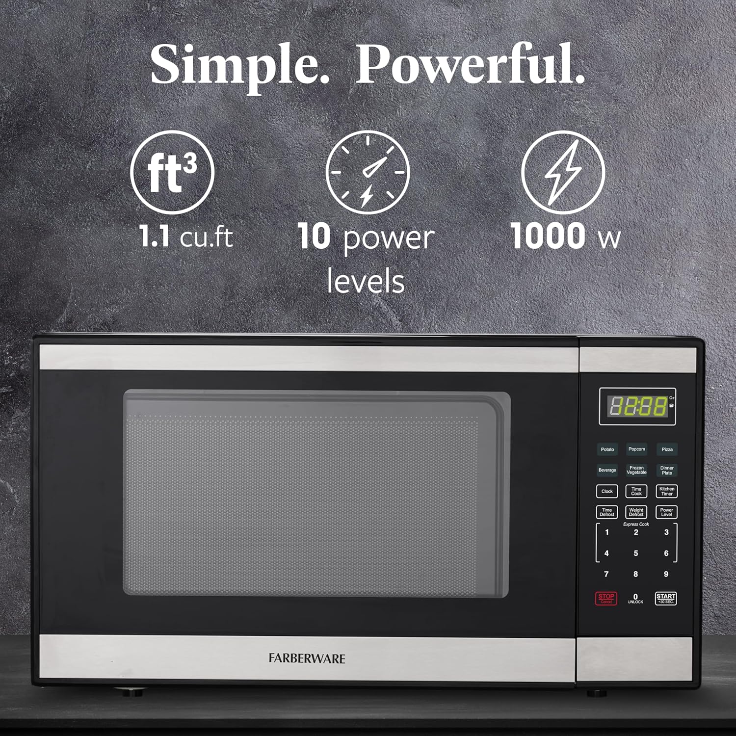 Farberware 1.1 Cu. Ft. Countertop Microwave Oven – 1000 Watts Power, Auto Cook Settings, Defrost, Easy Clean and Child Safety Lock - Stainless and Black