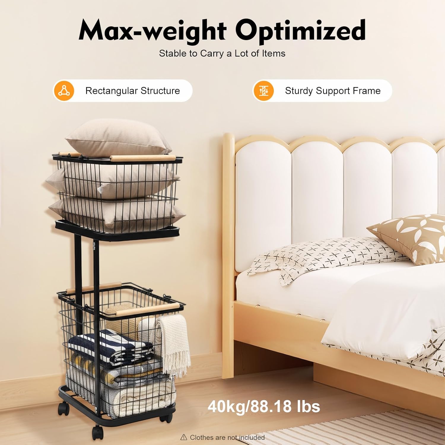 Laundry Basket 2 Tier Metal Laundry Basket With Wheels, Iron Beech Wood Spray Molding, 88.18LBS Load 4 Wheels 2 Brakes, Removable Baskets Hollow-out Breathable, Home