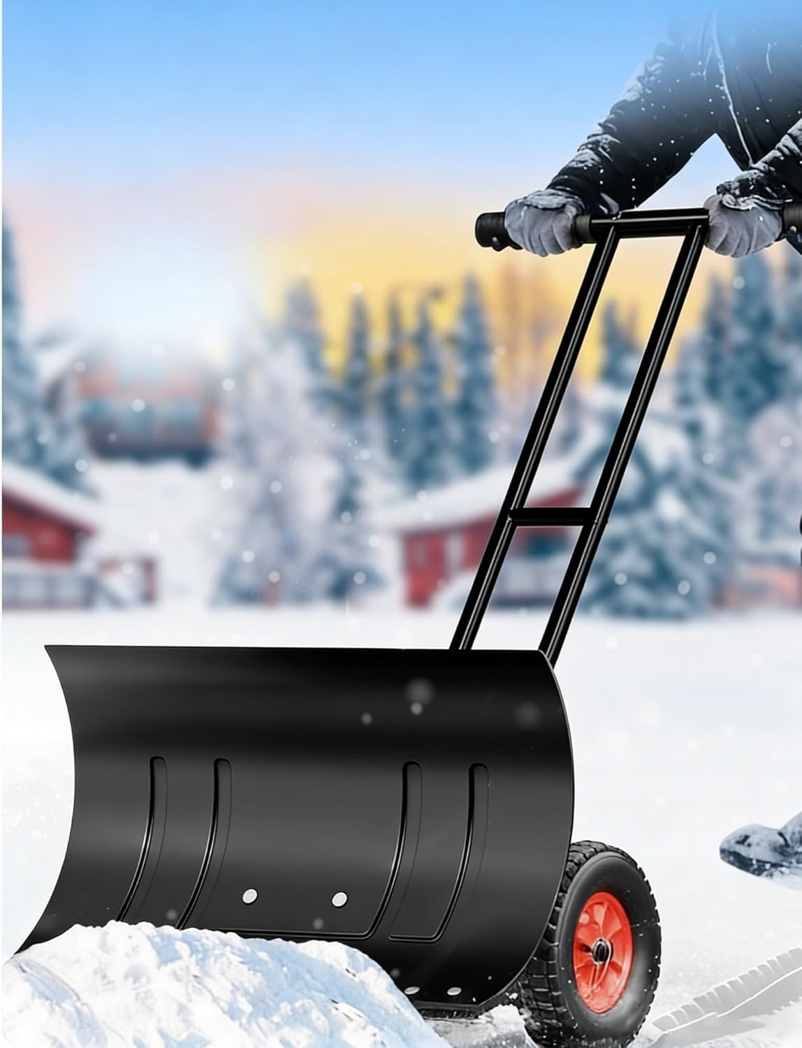 Steel Snow Pusher with Wheels, Adjustable Handle and 5-Angle Blade for Efficient Snow Clearing on Driveways, Paths and Outdoor Areas(Dual-Handle)